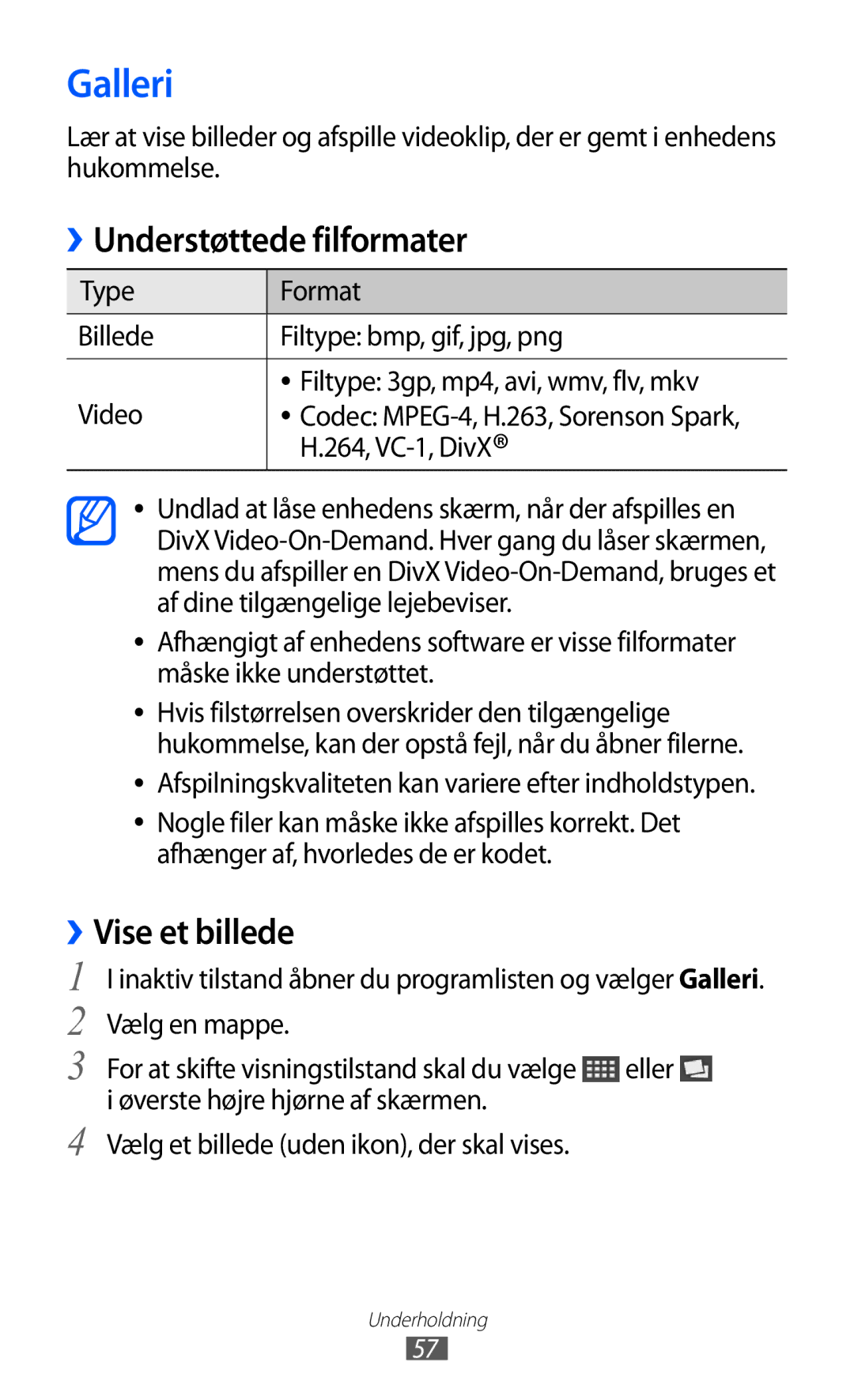 Samsung YP-GI1CW/NEE manual Galleri, Understøttede filformater, ››Vise et billede, 264, VC-1, DivX 