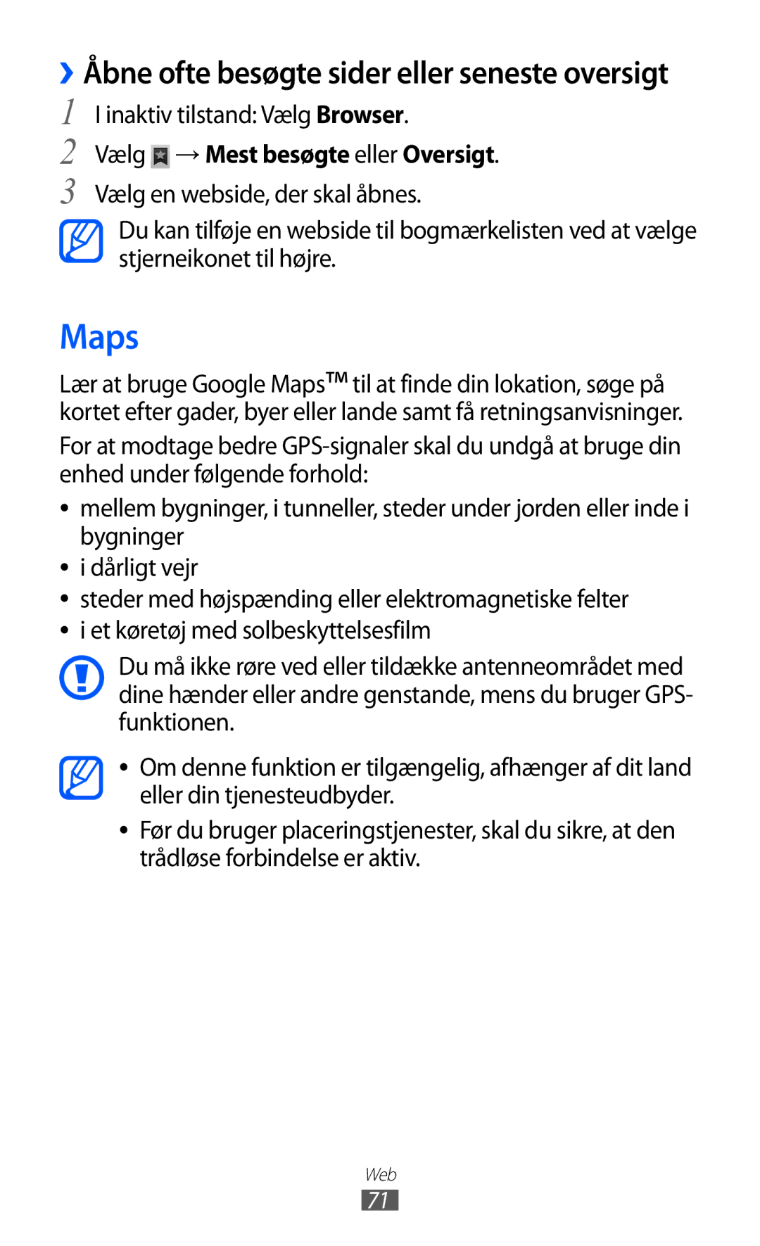 Samsung YP-GI1CW/NEE manual Maps, Vælg → Mest besøgte eller Oversigt 