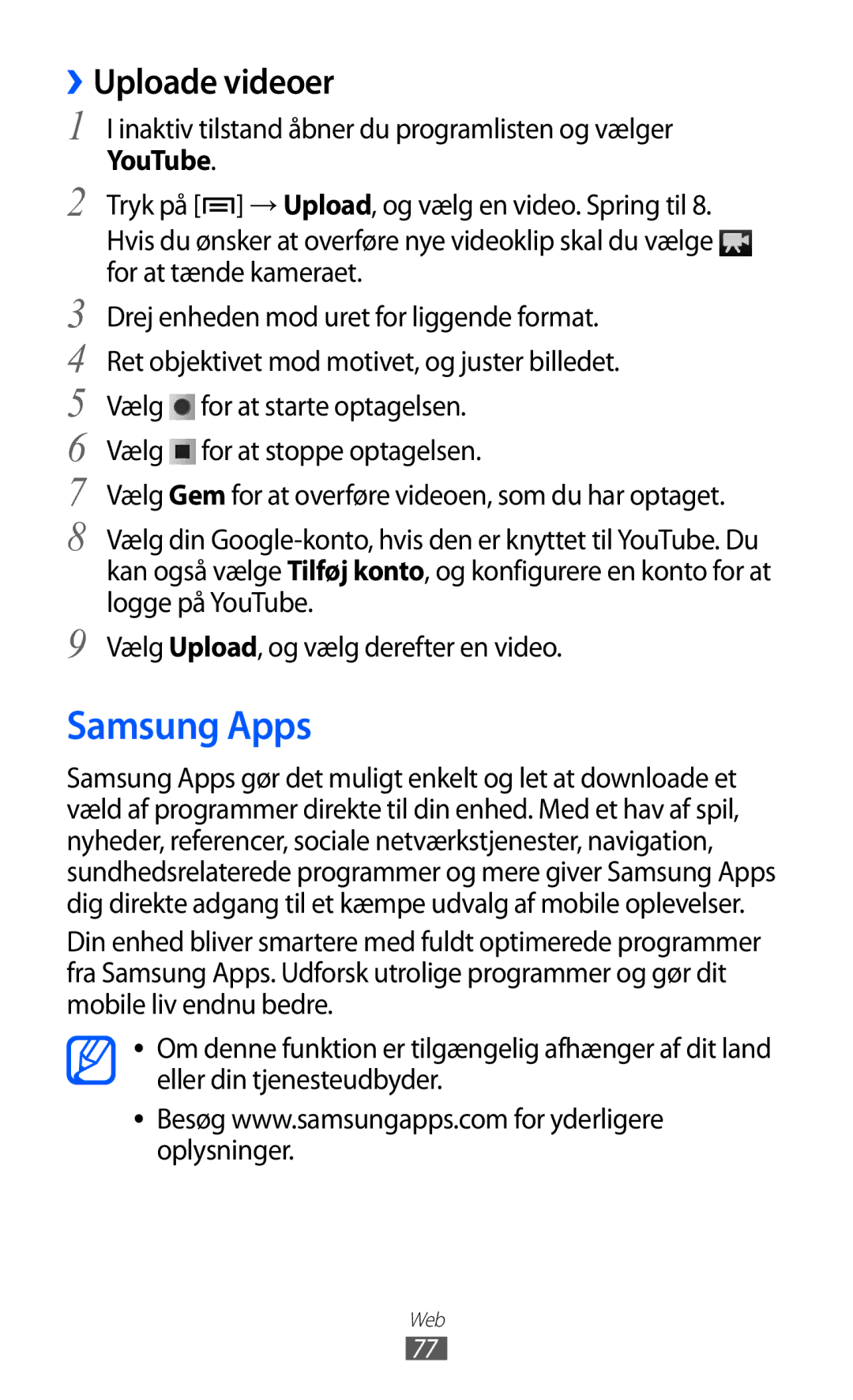 Samsung YP-GI1CW/NEE manual Samsung Apps, ››Uploade videoer, YouTube 