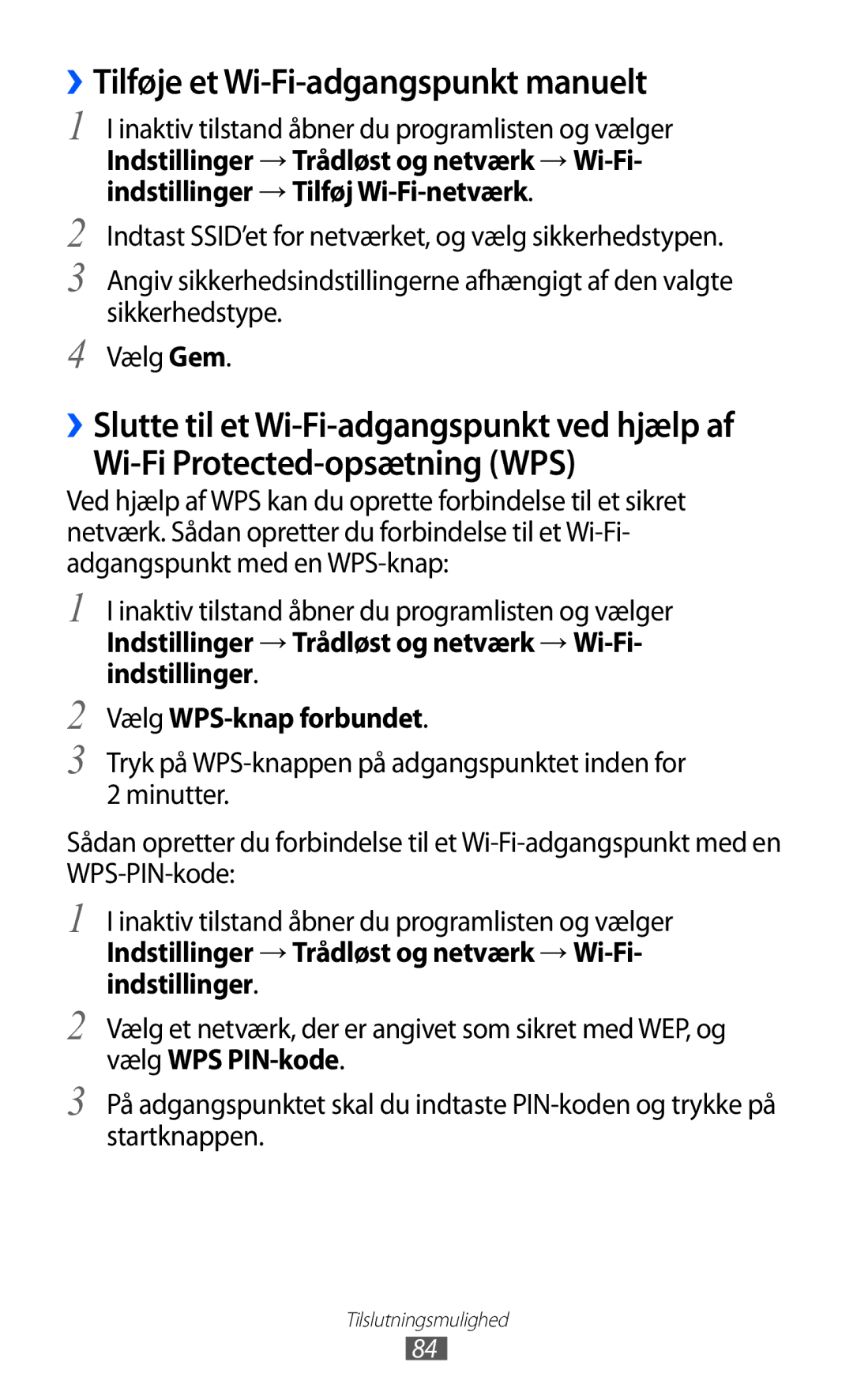 Samsung YP-GI1CW/NEE manual ››Tilføje et Wi-Fi-adgangspunkt manuelt, Wi-Fi Protected-opsætning WPS 