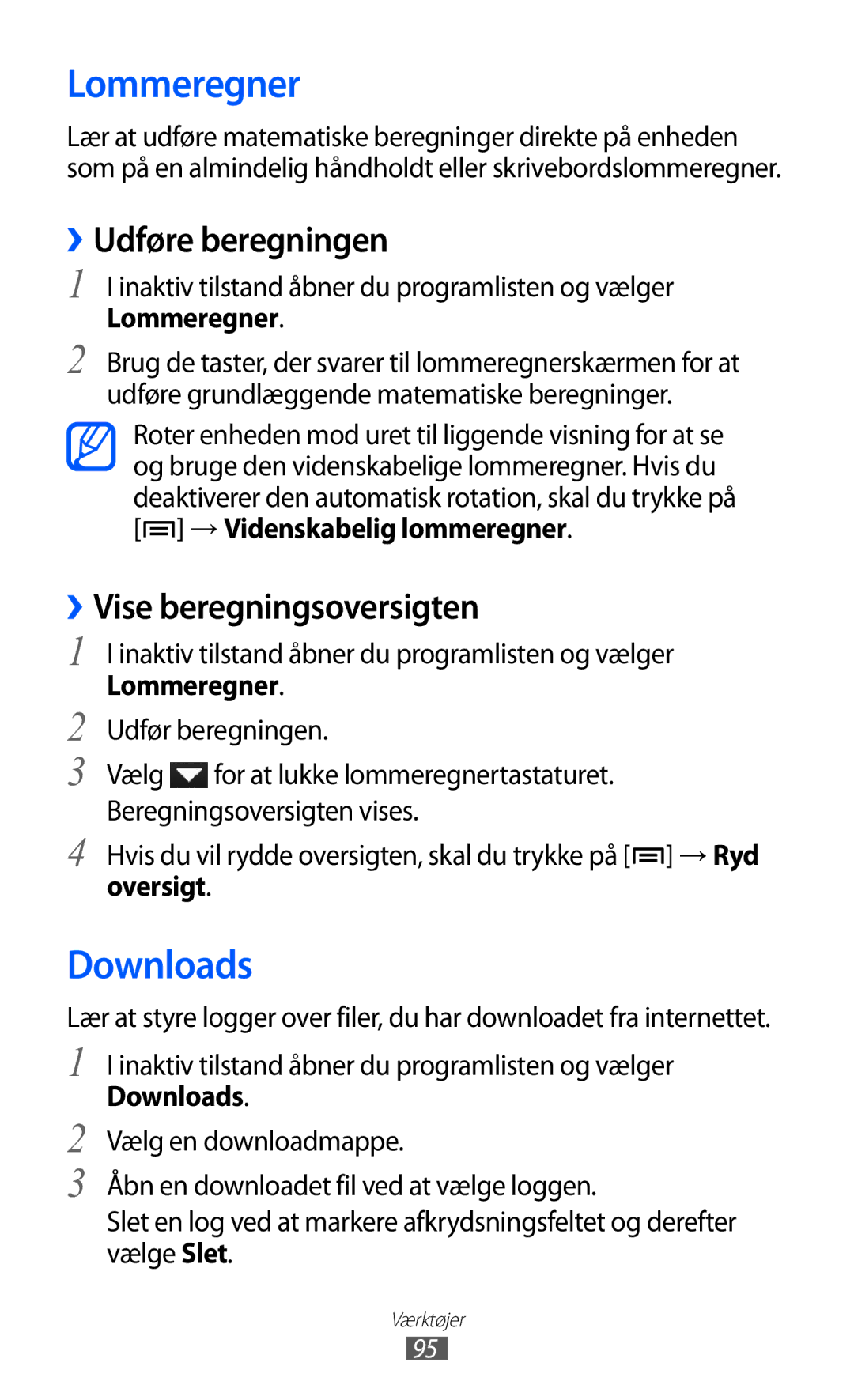 Samsung YP-GI1CW/NEE manual Lommeregner, Downloads, ››Udføre beregningen, ››Vise beregningsoversigten, Oversigt 