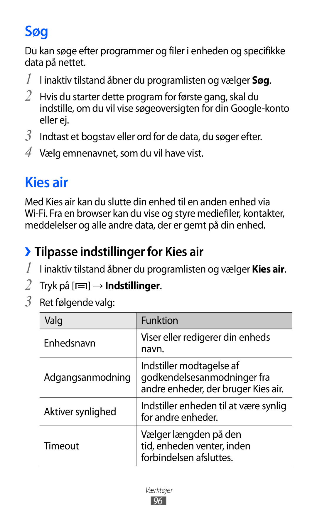 Samsung YP-GI1CW/NEE manual Søg, ››Tilpasse indstillinger for Kies air 