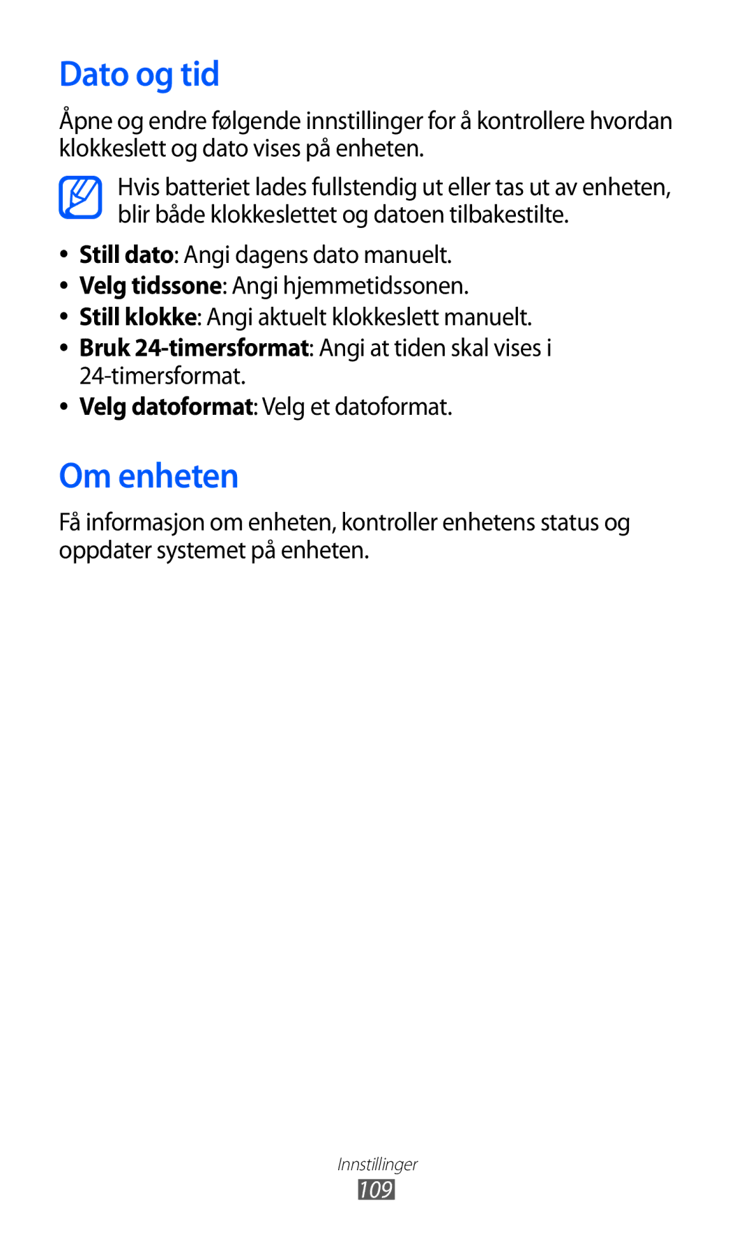 Samsung YP-GI1CW/NEE manual Dato og tid, Om enheten 