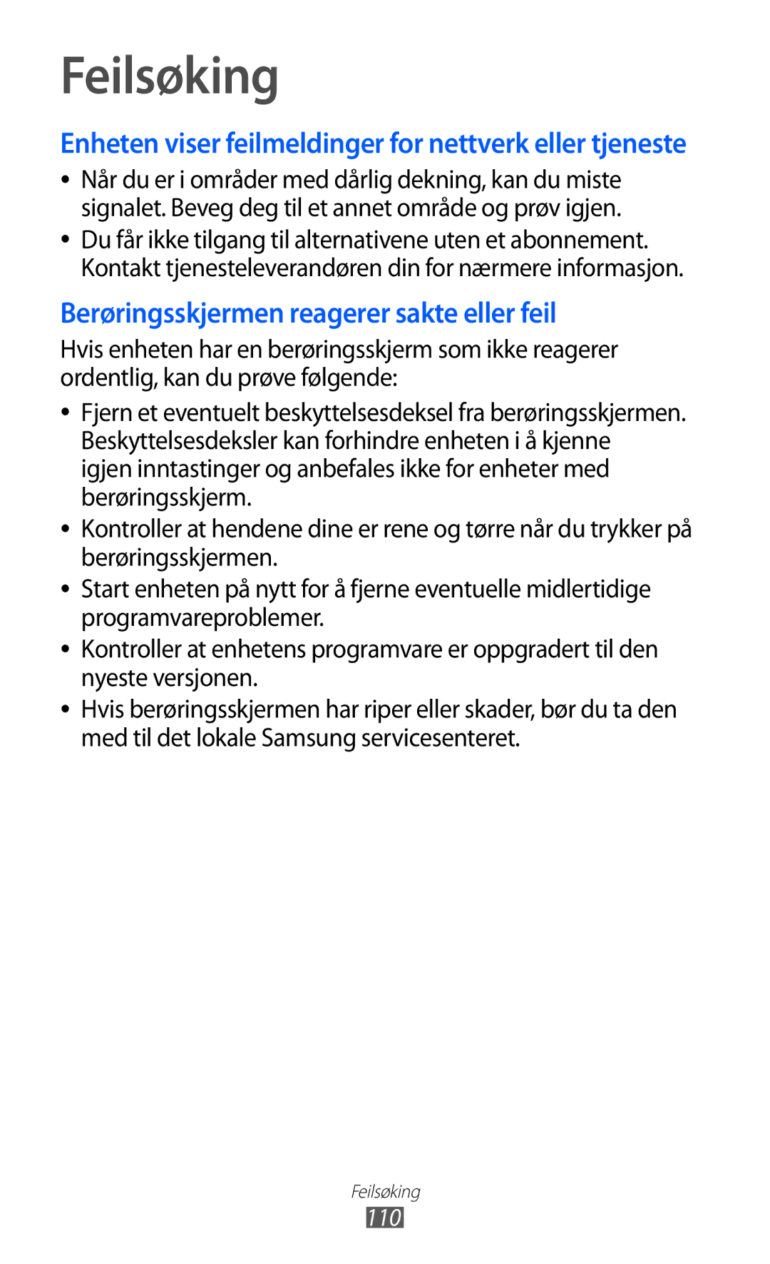 Samsung YP-GI1CW/NEE manual Feilsøking, Enheten viser feilmeldinger for nettverk eller tjeneste 