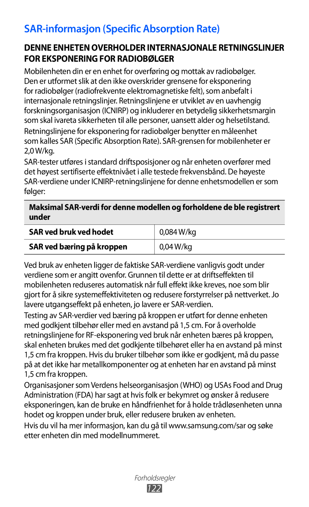 Samsung YP-GI1CW/NEE manual SAR-informasjon Specific Absorption Rate 