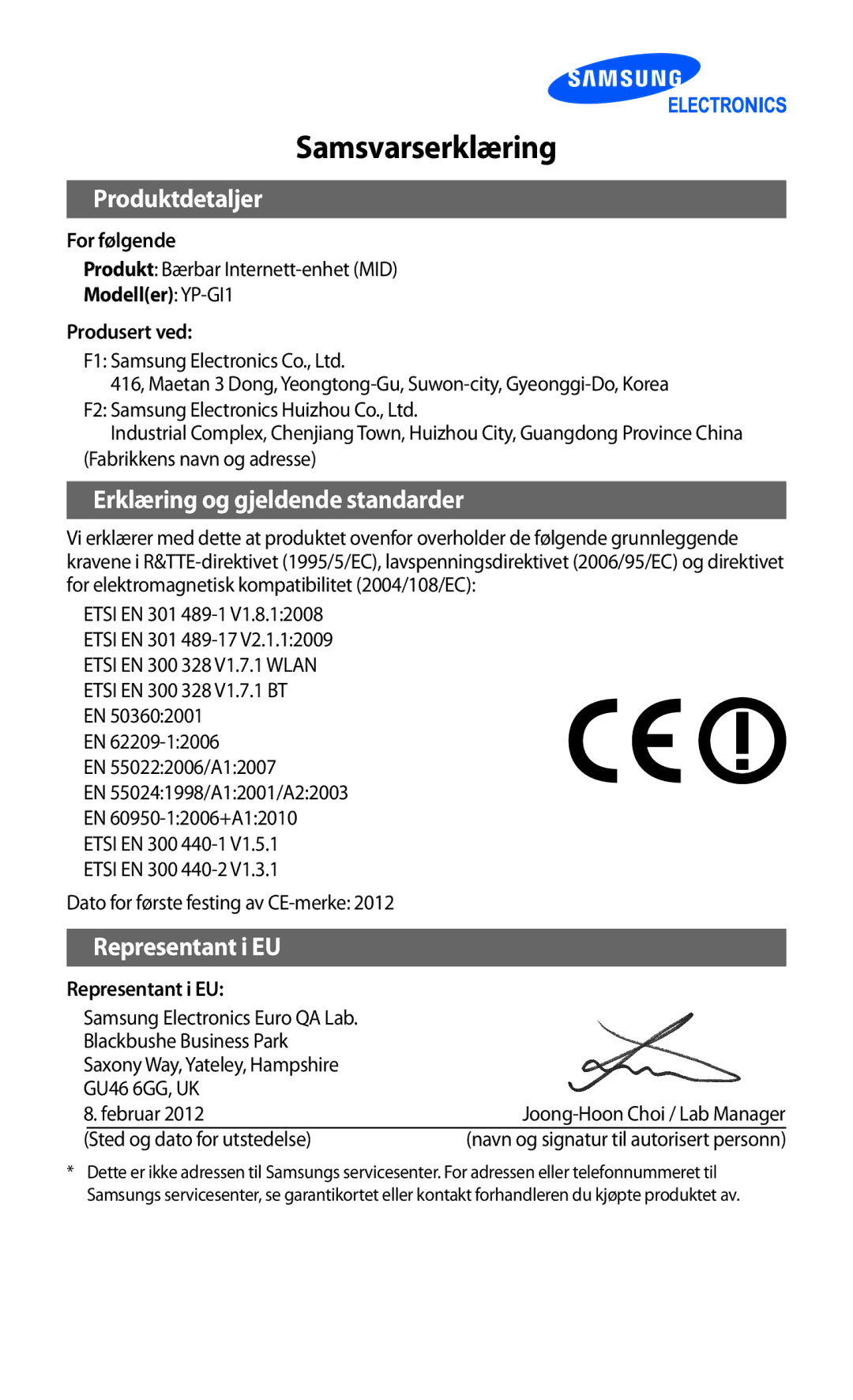 Samsung YP-GI1CW/NEE manual Samsvarserklæring 