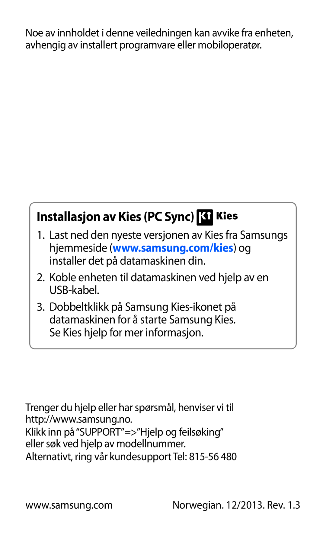 Samsung YP-GI1CW/NEE manual Installasjon av Kies PC Sync 