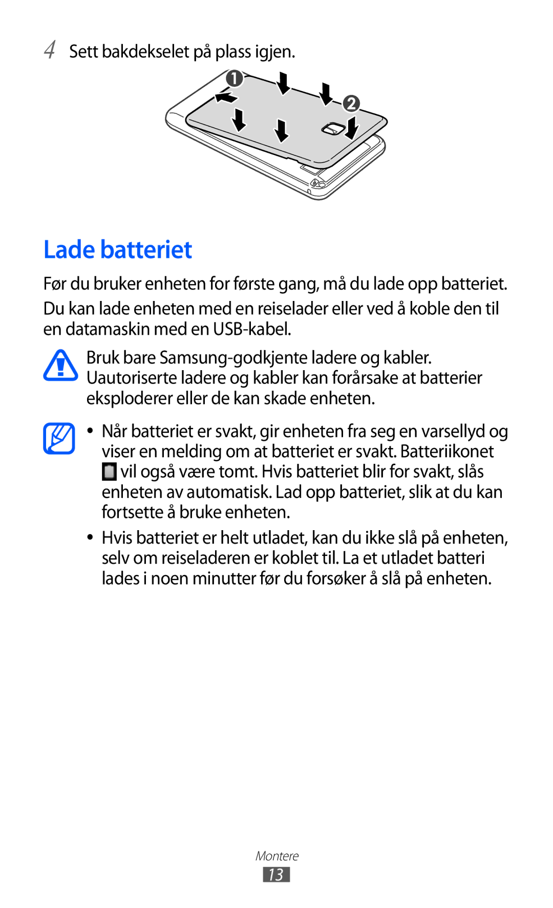 Samsung YP-GI1CW/NEE manual Lade batteriet, Sett bakdekselet på plass igjen 