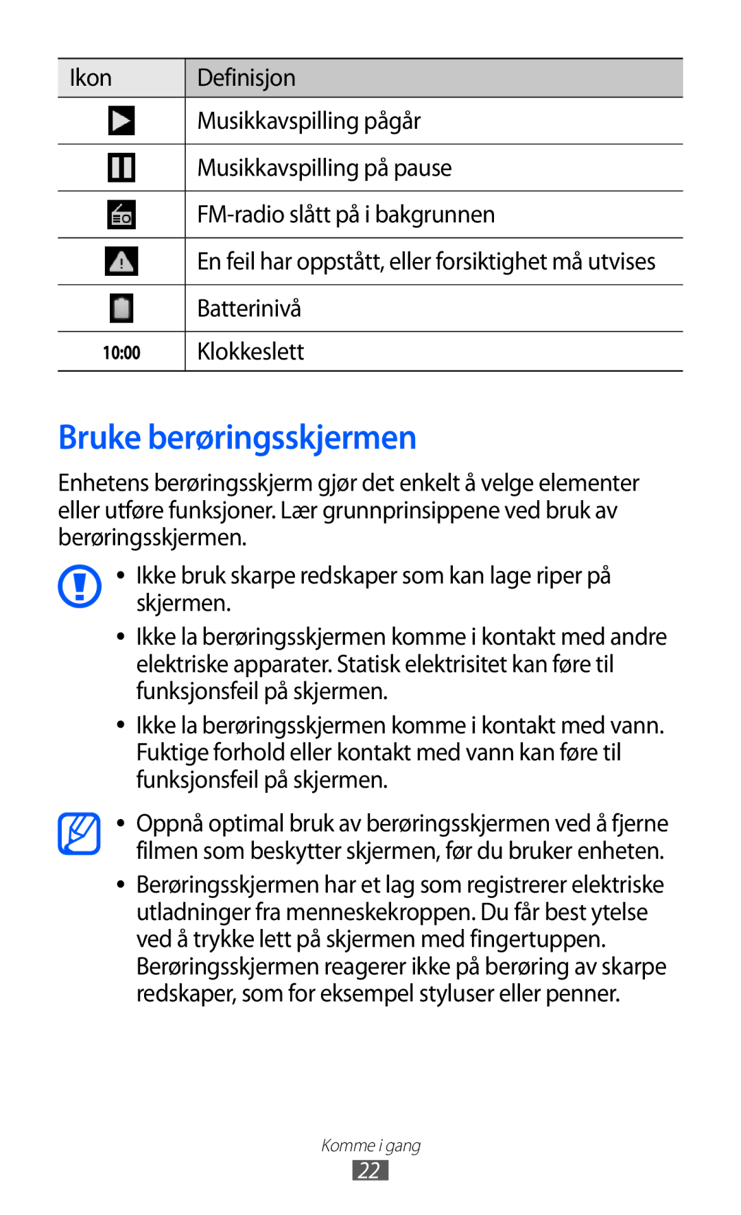 Samsung YP-GI1CW/NEE manual Bruke berøringsskjermen, Batterinivå, Klokkeslett 