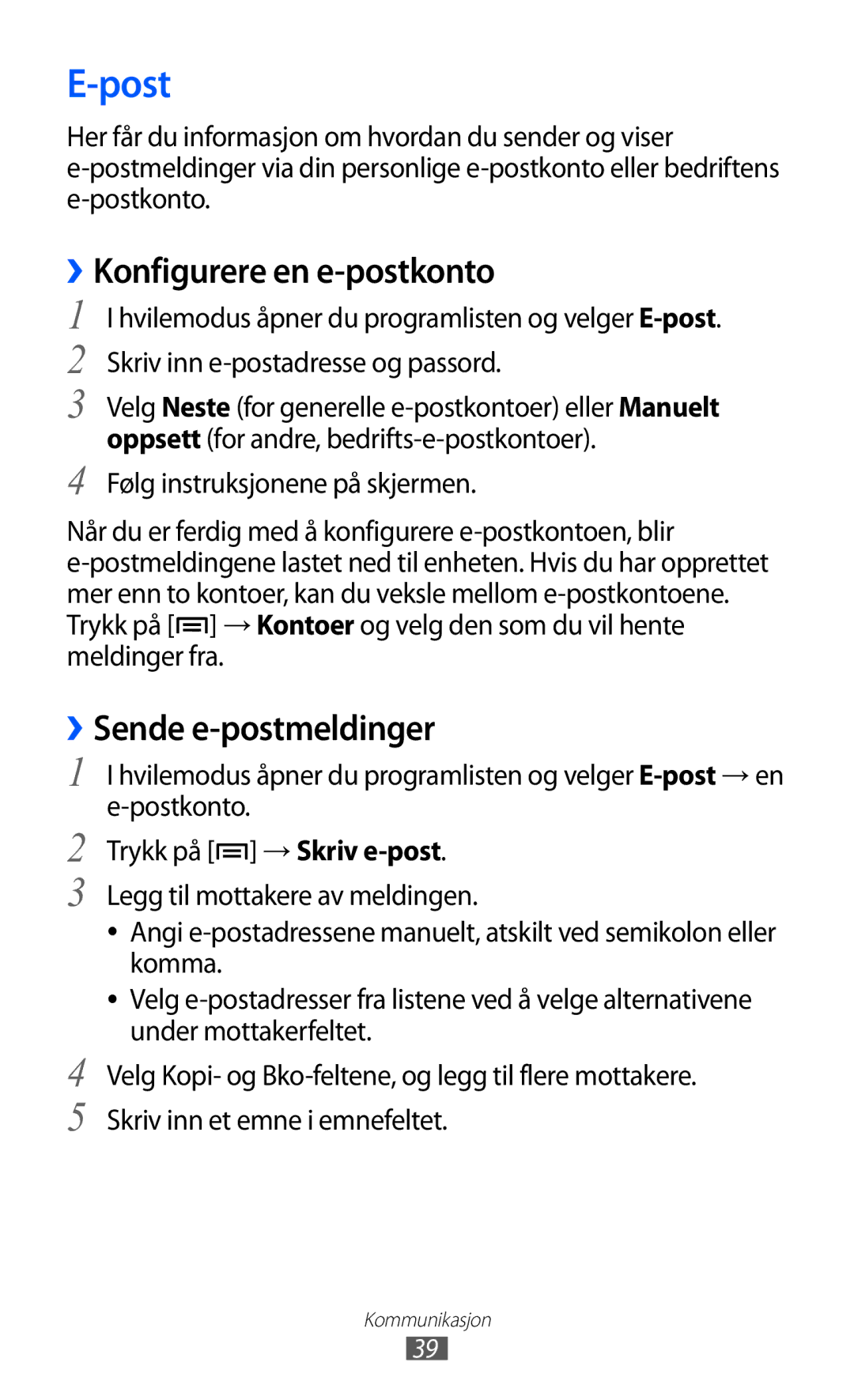 Samsung YP-GI1CW/NEE manual Post, ››Konfigurere en e-postkonto 