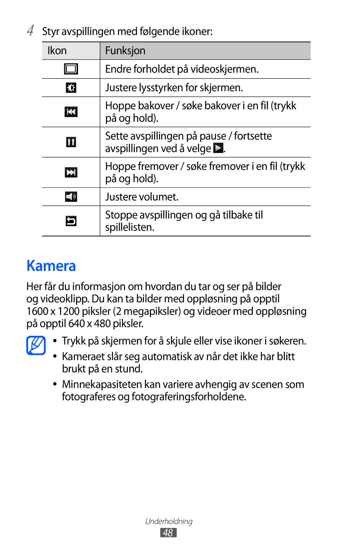 Samsung YP-GI1CW/NEE manual Kamera, Stoppe avspillingen og gå tilbake til, Spillelisten 