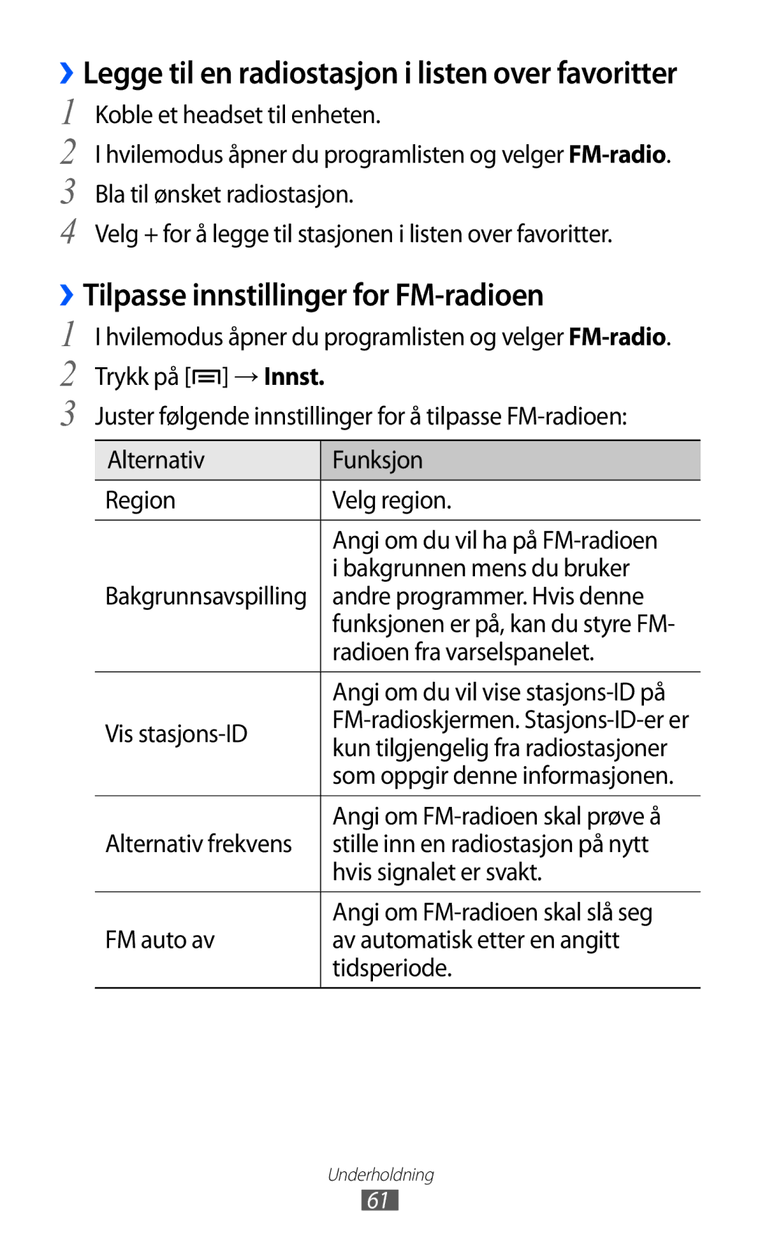 Samsung YP-GI1CW/NEE manual ››Tilpasse innstillinger for FM-radioen 