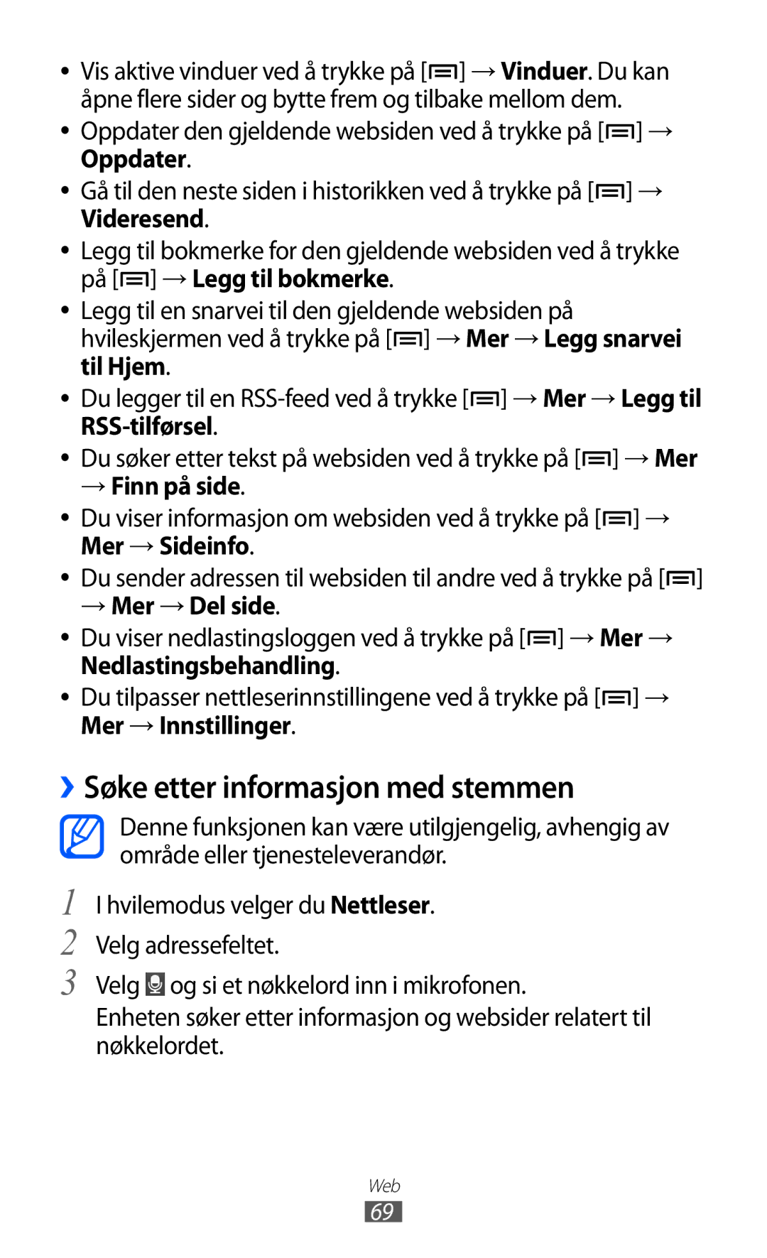 Samsung YP-GI1CW/NEE manual ››Søke etter informasjon med stemmen, → Finn på side, → Mer → Del side, Mer → Innstillinger 