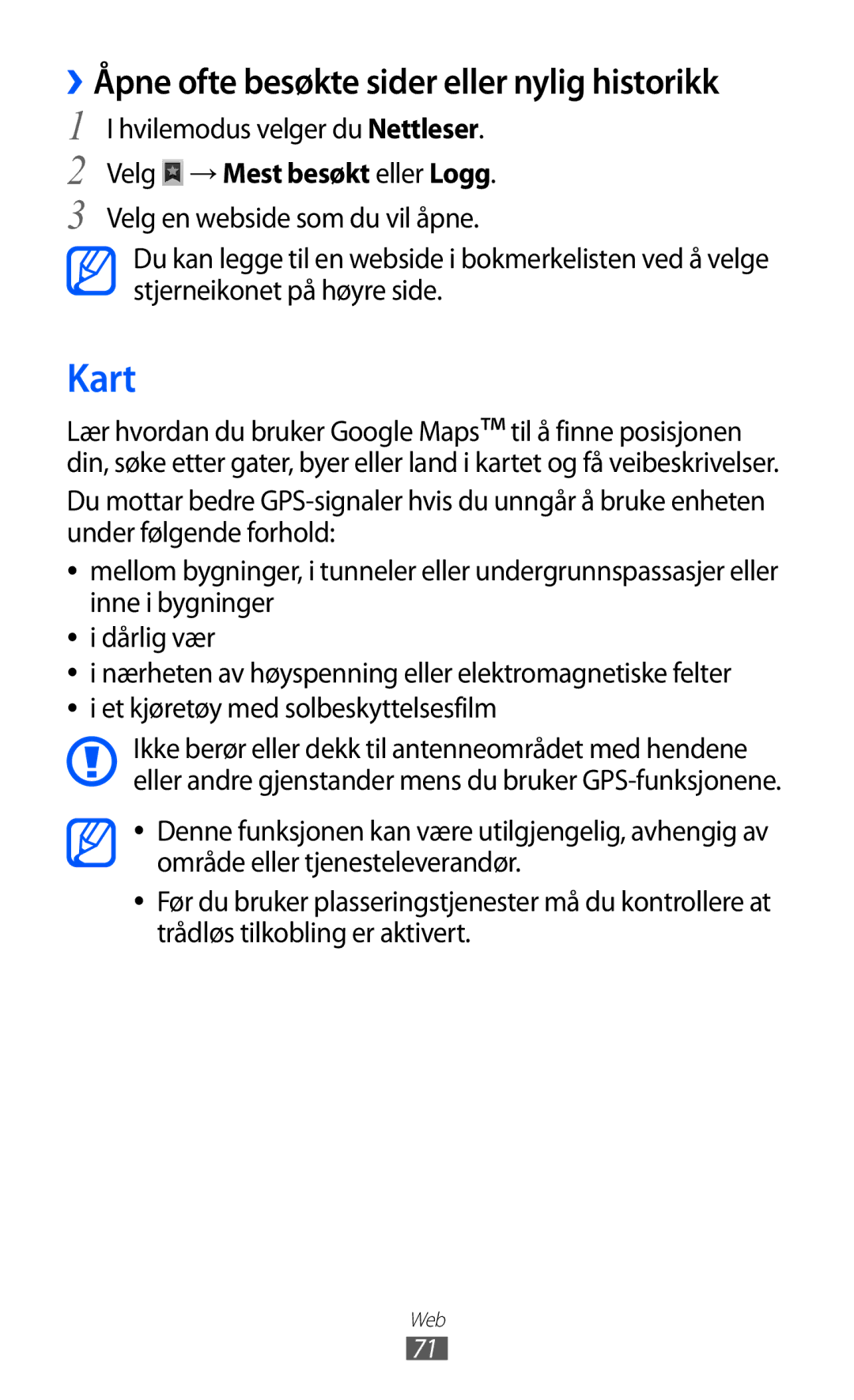 Samsung YP-GI1CW/NEE manual Kart, Velg → Mest besøkt eller Logg 