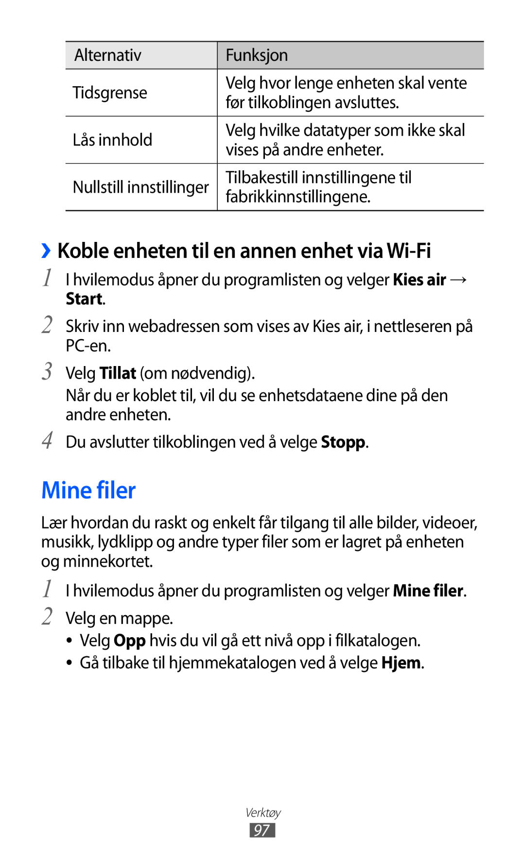 Samsung YP-GI1CW/NEE manual Mine filer, ››Koble enheten til en annen enhet via Wi-Fi 