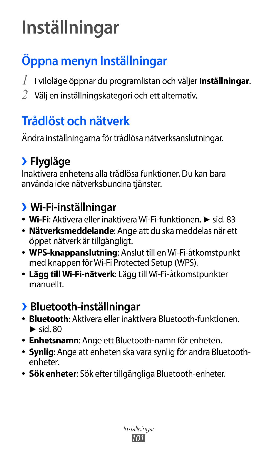 Samsung YP-GI1CW/NEE manual Öppna menyn Inställningar, Trådlöst och nätverk 