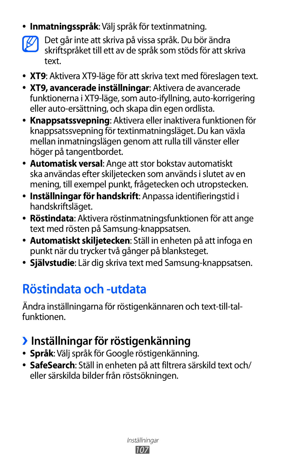 Samsung YP-GI1CW/NEE manual Röstindata och -utdata, ››Inställningar för röstigenkänning 