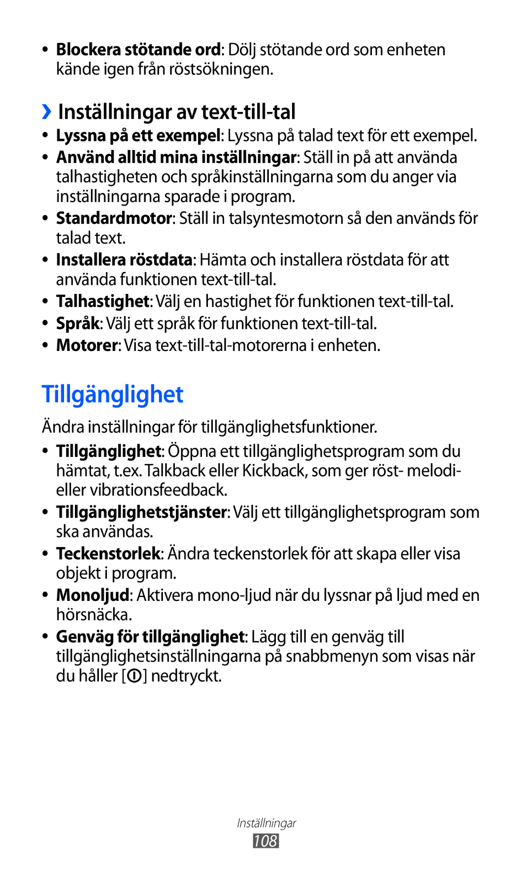 Samsung YP-GI1CW/NEE manual Tillgänglighet, ››Inställningar av text-till-tal 