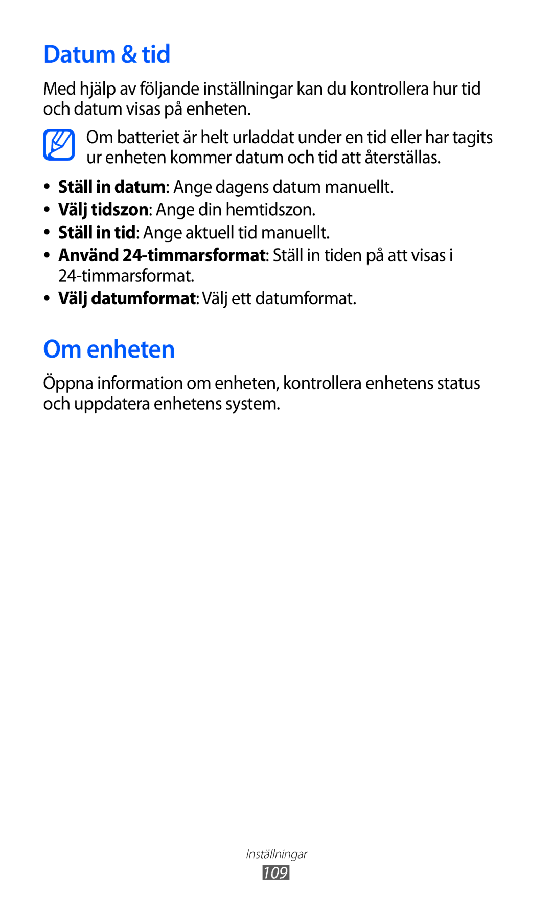 Samsung YP-GI1CW/NEE manual Datum & tid, Om enheten 