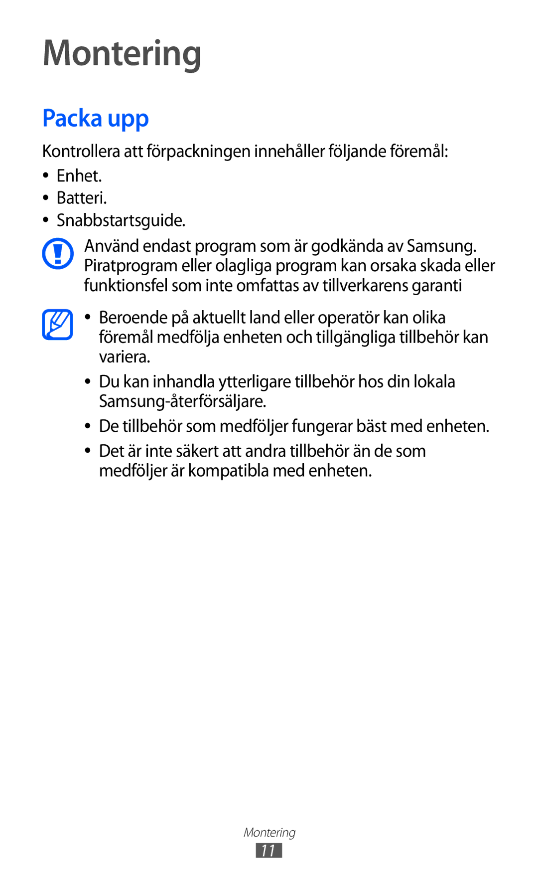 Samsung YP-GI1CW/NEE manual Montering, Packa upp 