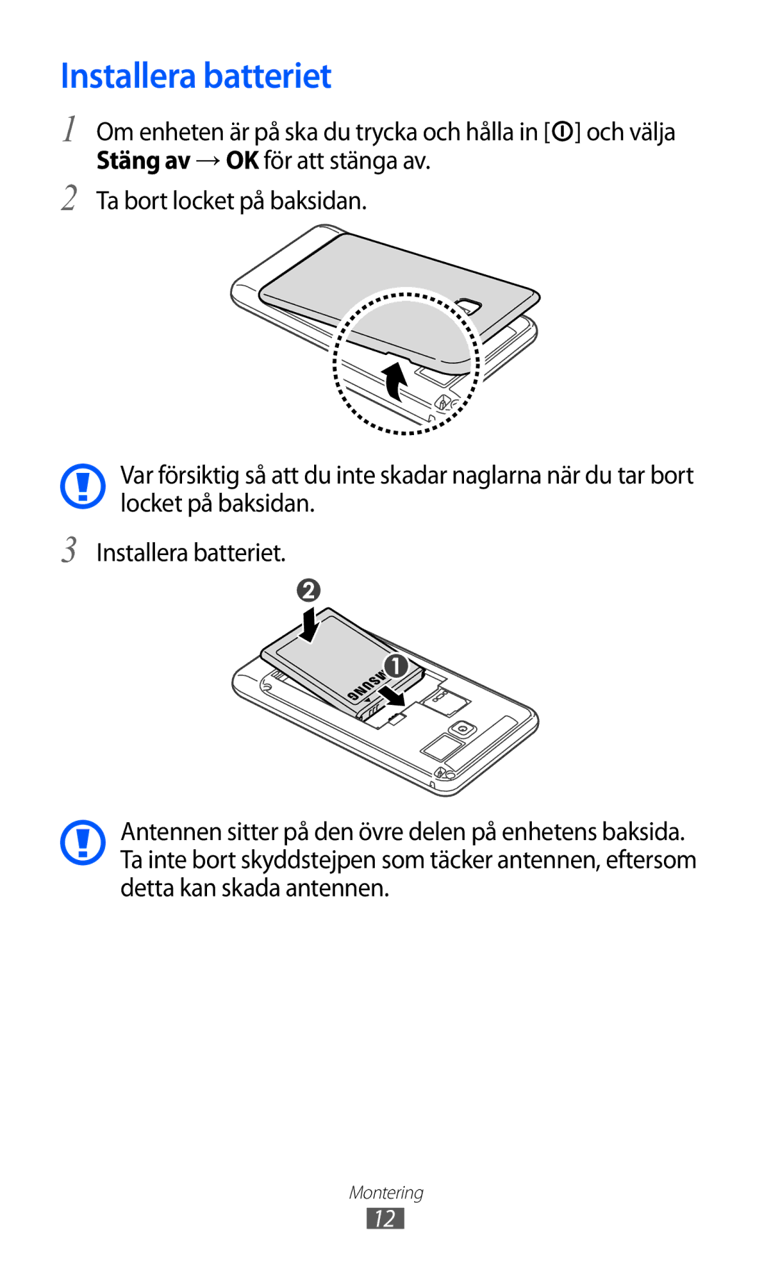 Samsung YP-GI1CW/NEE manual Installera batteriet 