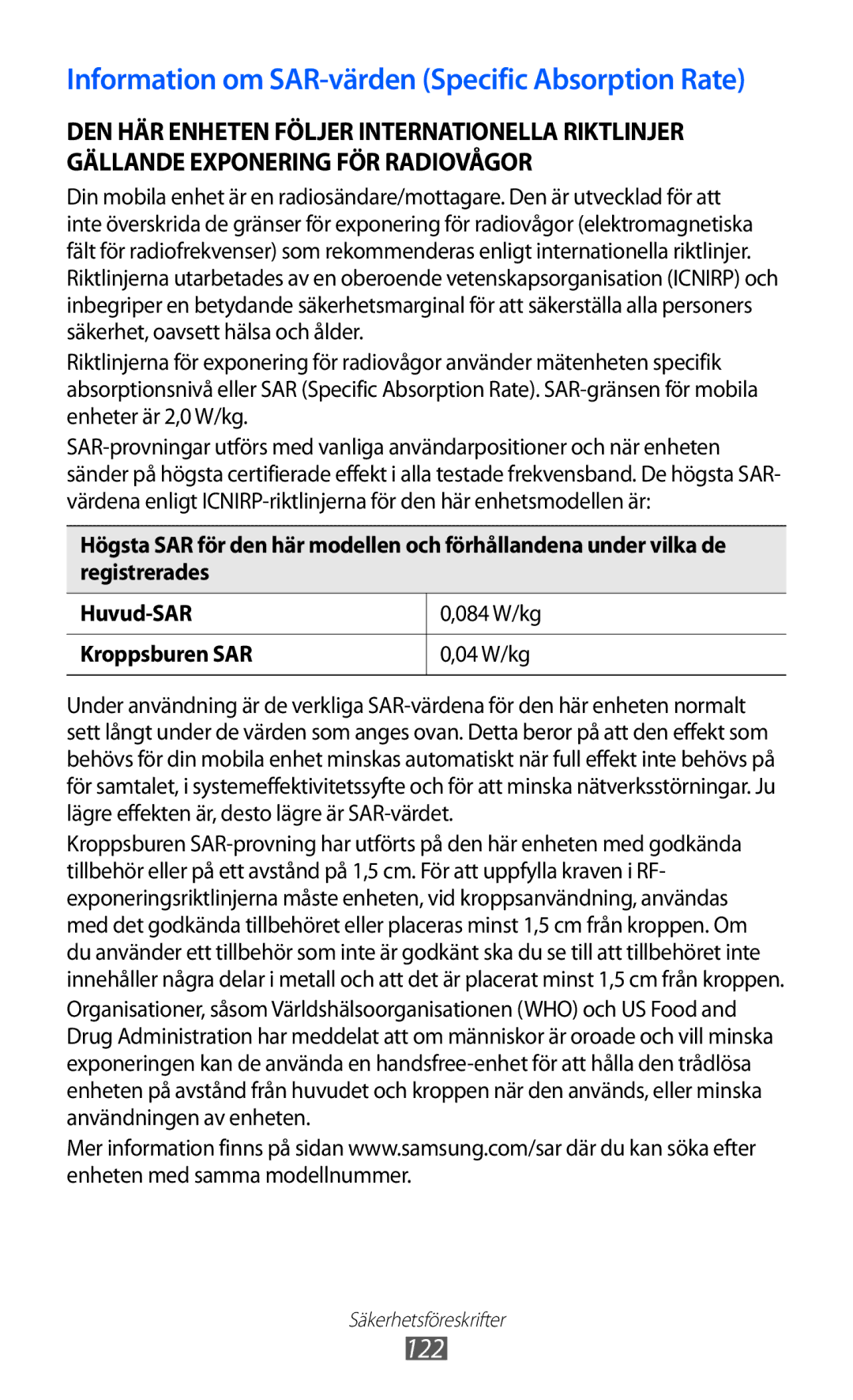 Samsung YP-GI1CW/NEE manual Information om SAR-värden Specific Absorption Rate 