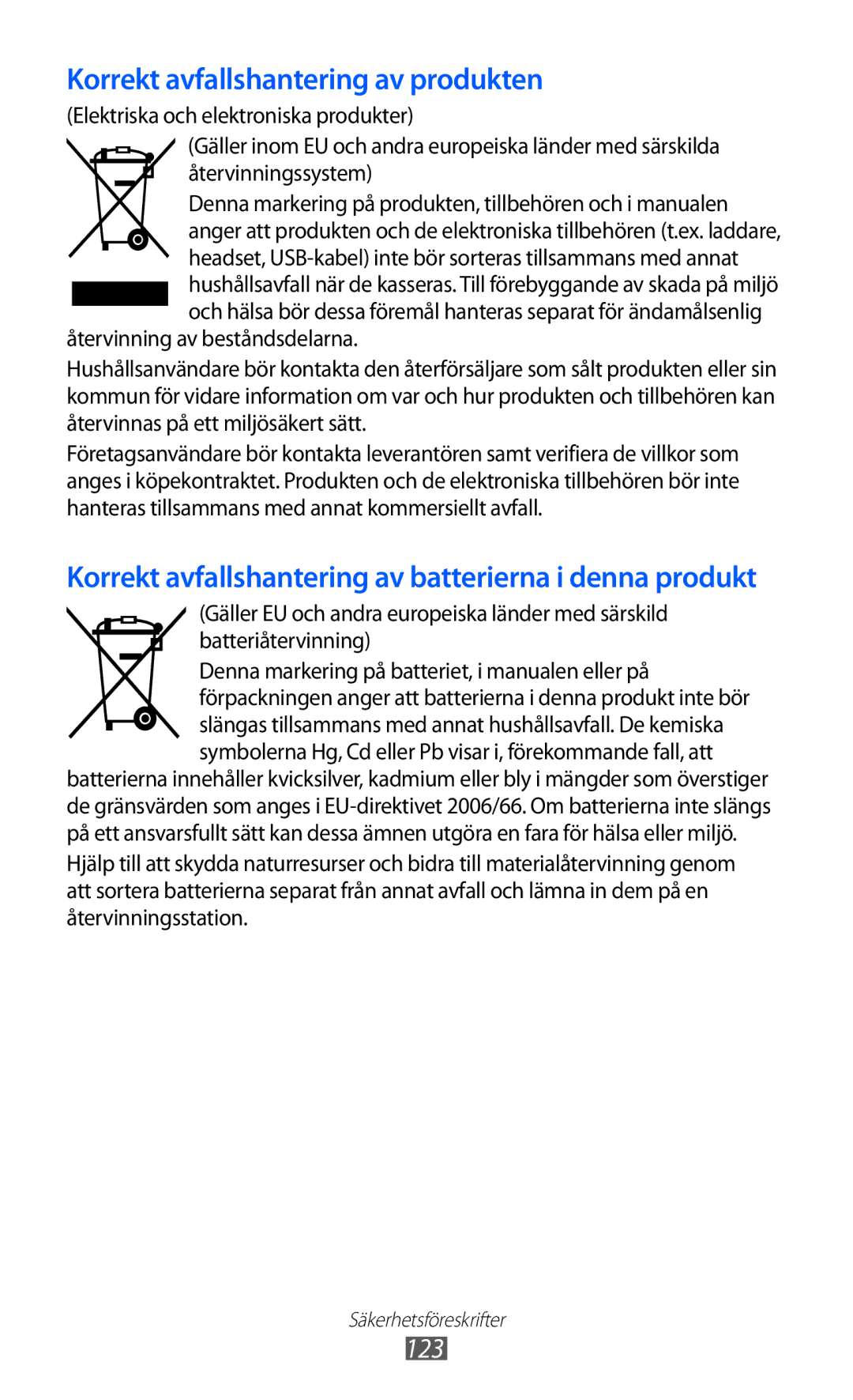 Samsung YP-GI1CW/NEE manual Korrekt avfallshantering av produkten 