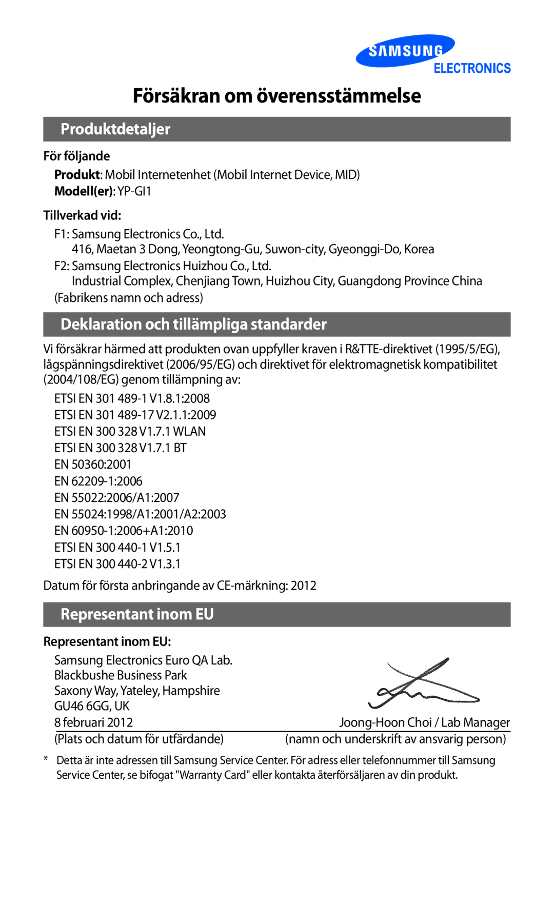 Samsung YP-GI1CW/NEE manual Försäkran om överensstämmelse 