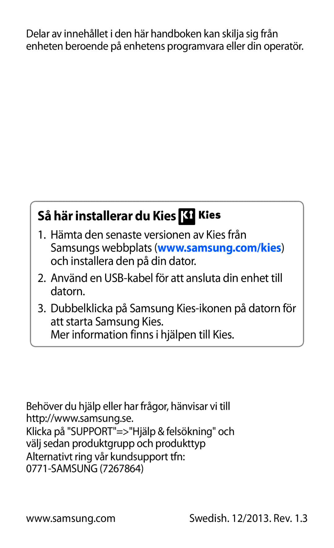 Samsung YP-GI1CW/NEE manual Så här installerar du Kies, Samsung 