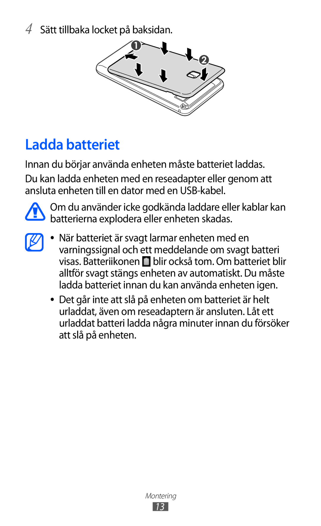 Samsung YP-GI1CW/NEE manual Ladda batteriet, Sätt tillbaka locket på baksidan 