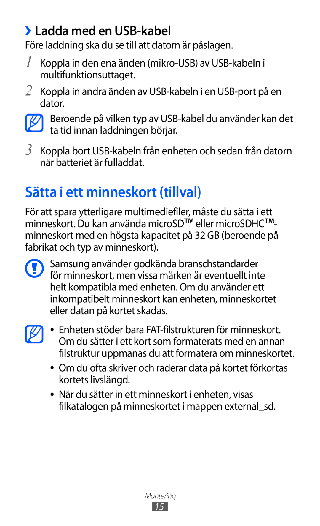 Samsung YP-GI1CW/NEE manual Sätta i ett minneskort tillval, ››Ladda med en USB-kabel 