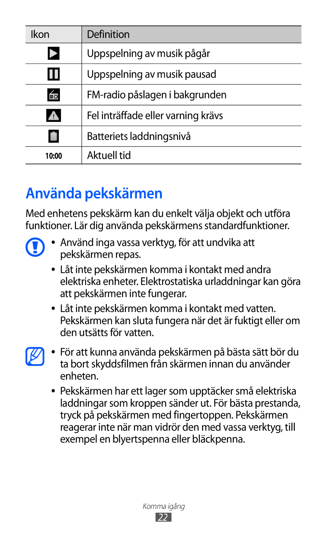 Samsung YP-GI1CW/NEE manual Använda pekskärmen, Aktuell tid 