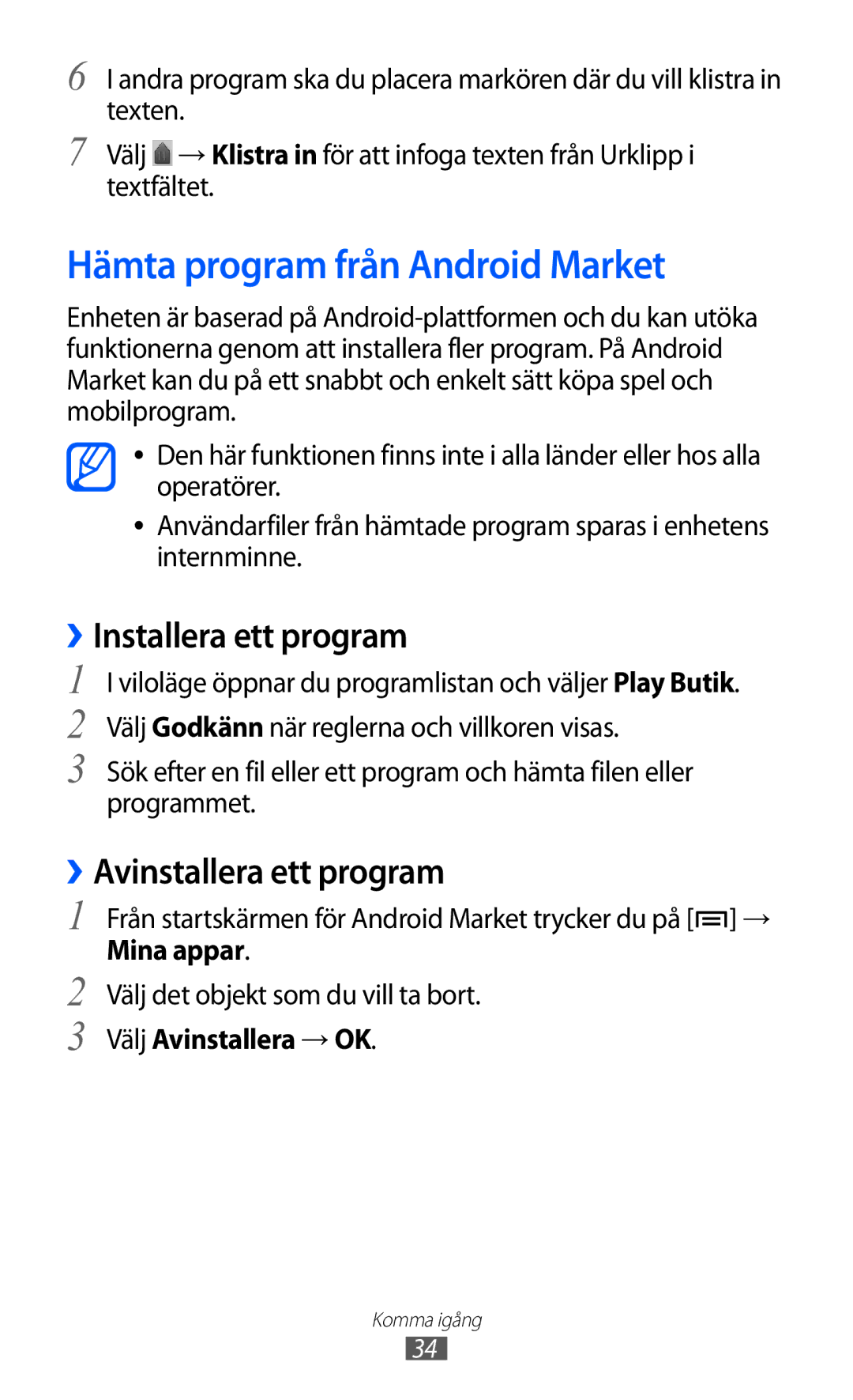 Samsung YP-GI1CW/NEE manual Hämta program från Android Market, ››Installera ett program, ››Avinstallera ett program 