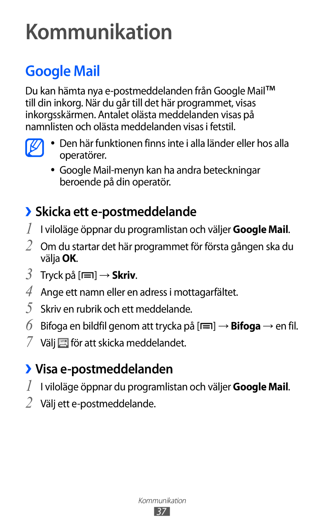 Samsung YP-GI1CW/NEE manual Kommunikation, Google Mail, ››Skicka ett e-postmeddelande, ››Visa e-postmeddelanden 