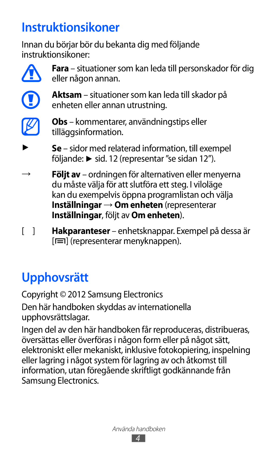 Samsung YP-GI1CW/NEE manual Instruktionsikoner, Upphovsrätt, Representerar menyknappen 