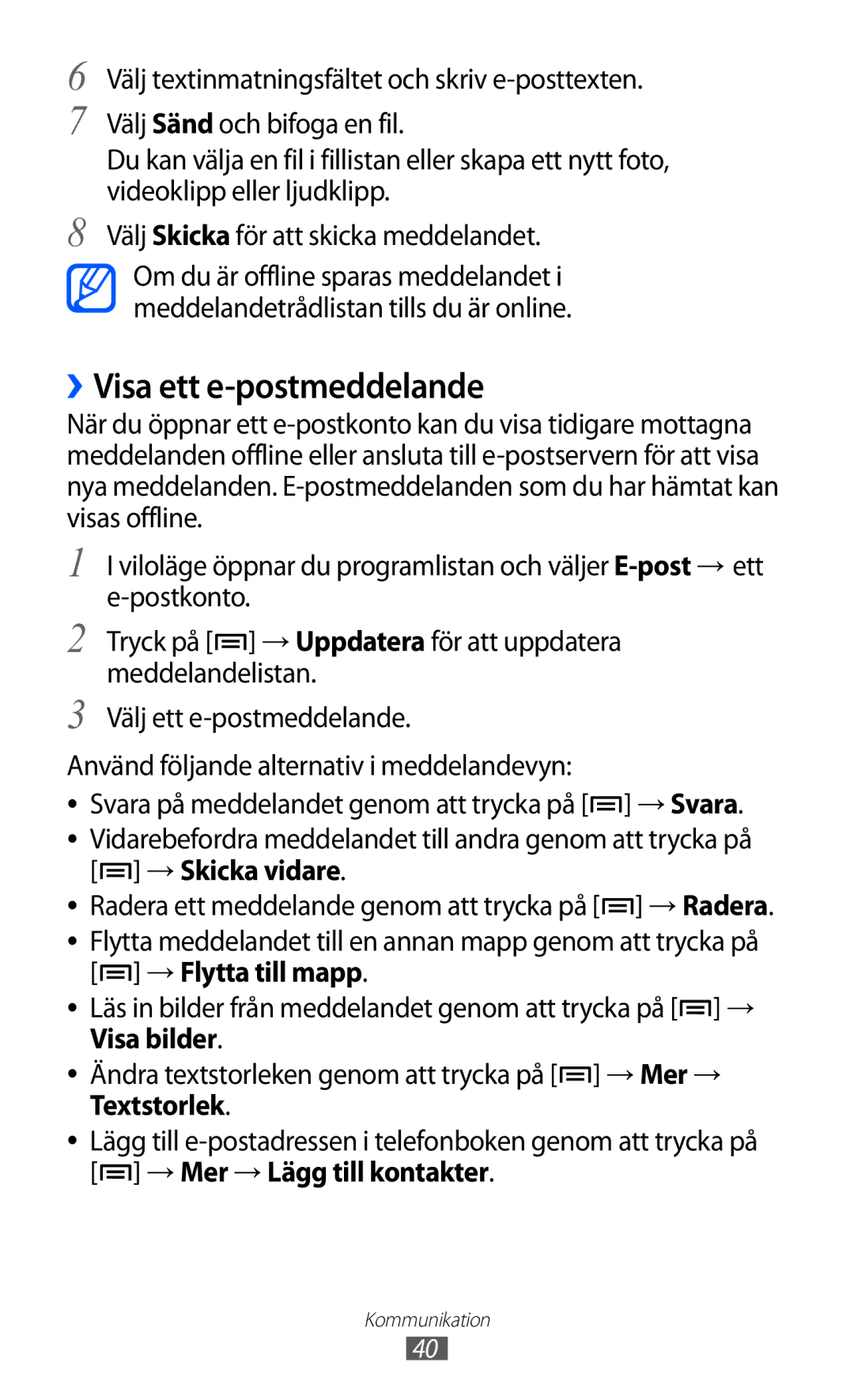 Samsung YP-GI1CW/NEE manual ››Visa ett e-postmeddelande, → Skicka vidare, → Flytta till mapp, Visa bilder 