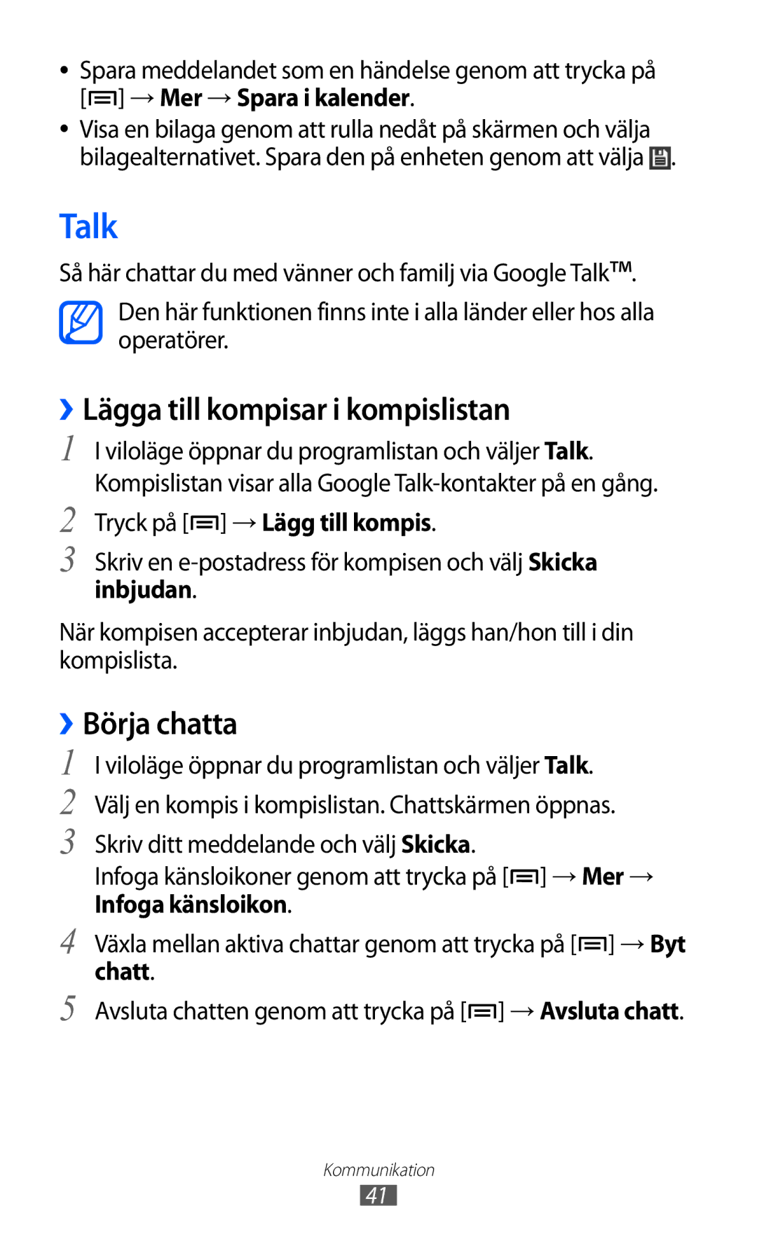 Samsung YP-GI1CW/NEE manual Talk, ››Lägga till kompisar i kompislistan, ››Börja chatta 