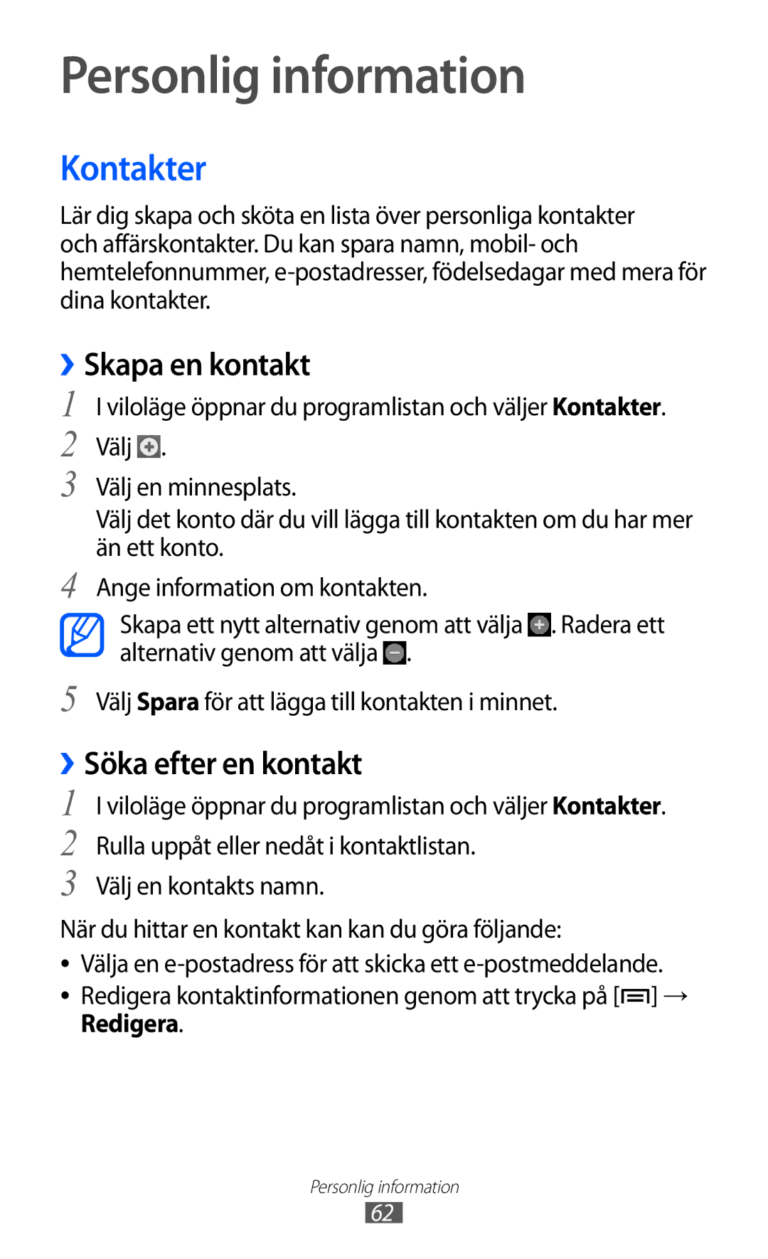 Samsung YP-GI1CW/NEE manual Personlig information, Kontakter, ››Skapa en kontakt, ››Söka efter en kontakt 