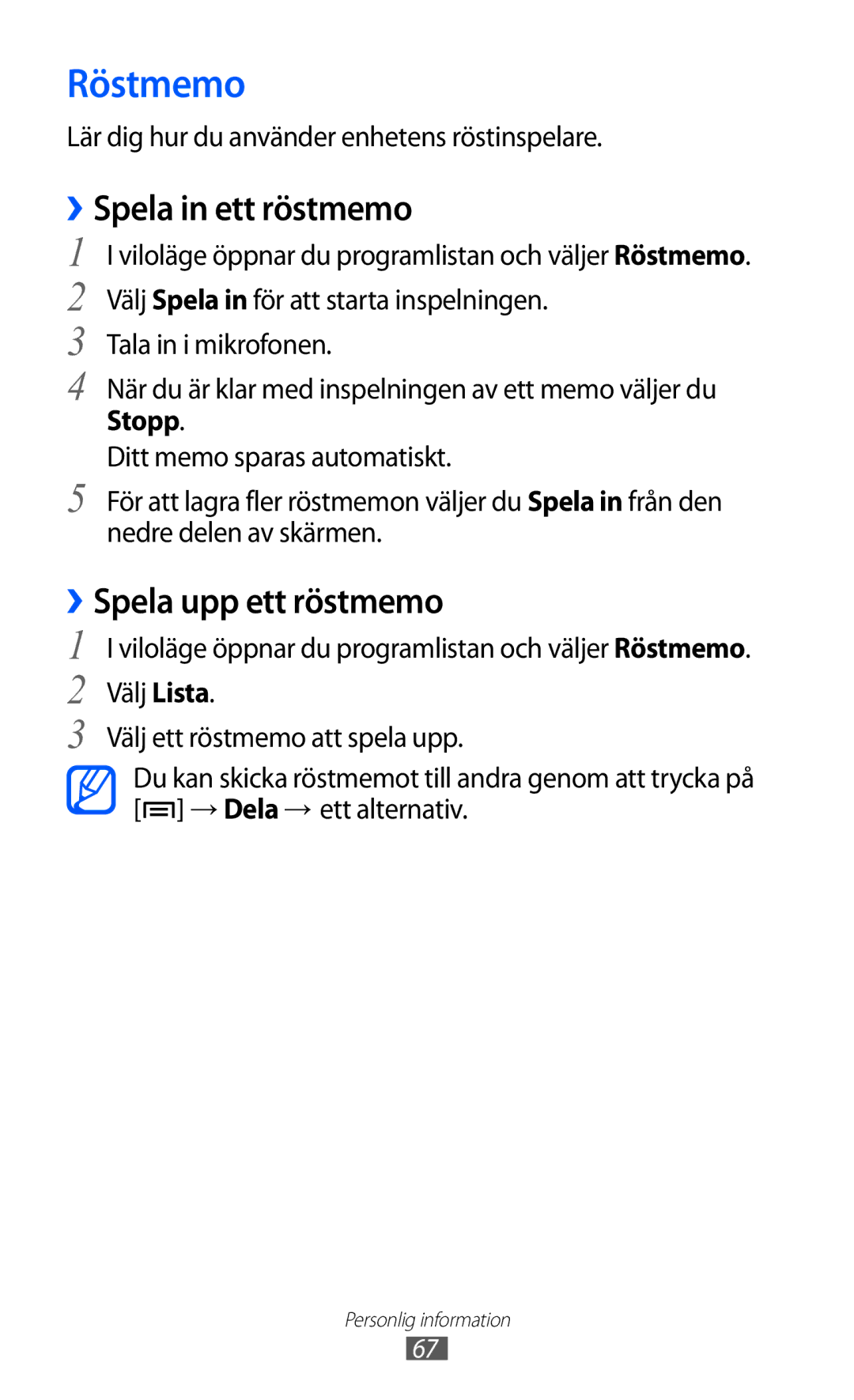 Samsung YP-GI1CW/NEE manual Röstmemo, ››Spela in ett röstmemo, ››Spela upp ett röstmemo 