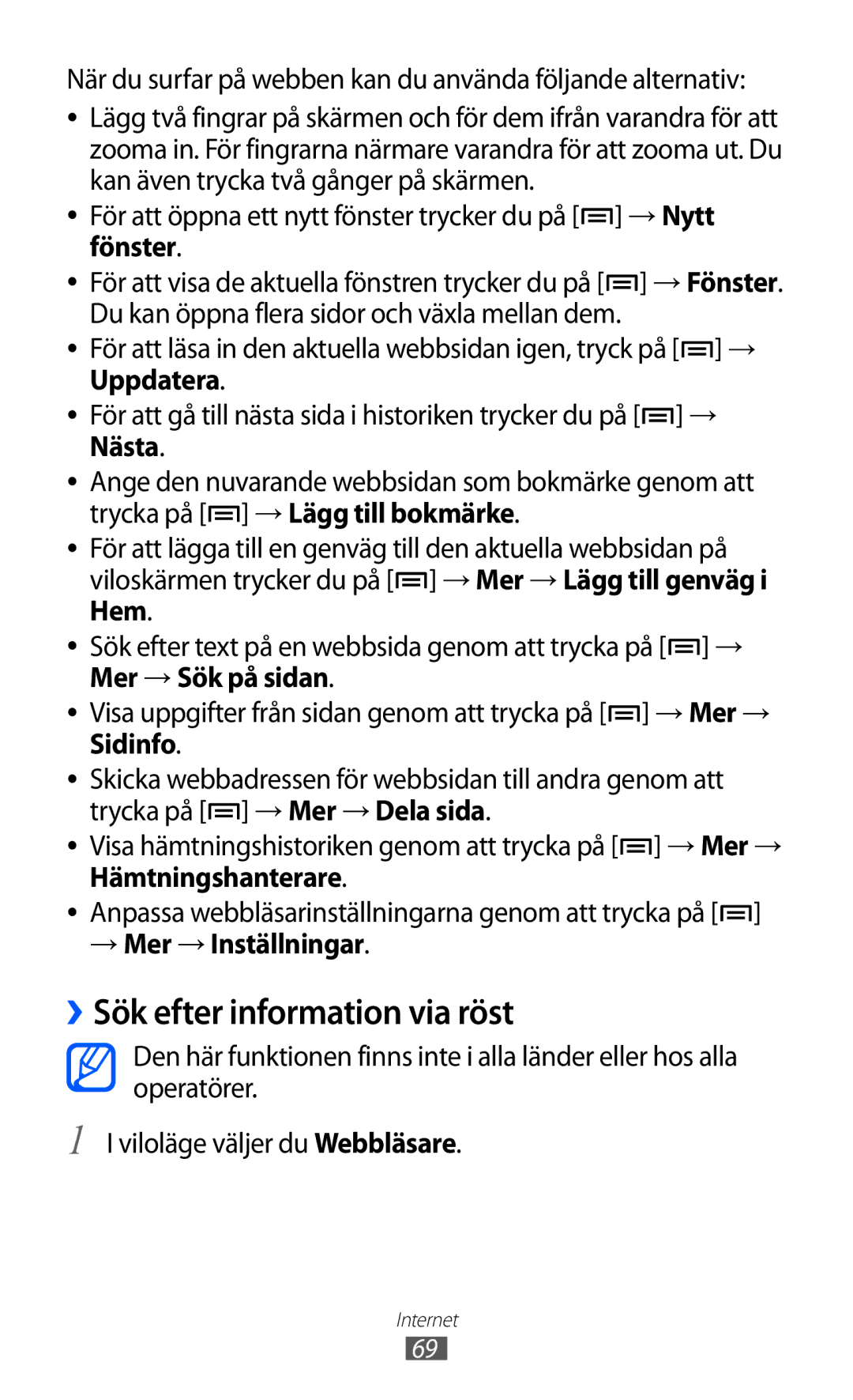 Samsung YP-GI1CW/NEE manual ››Sök efter information via röst, När du surfar på webben kan du använda följande alternativ 