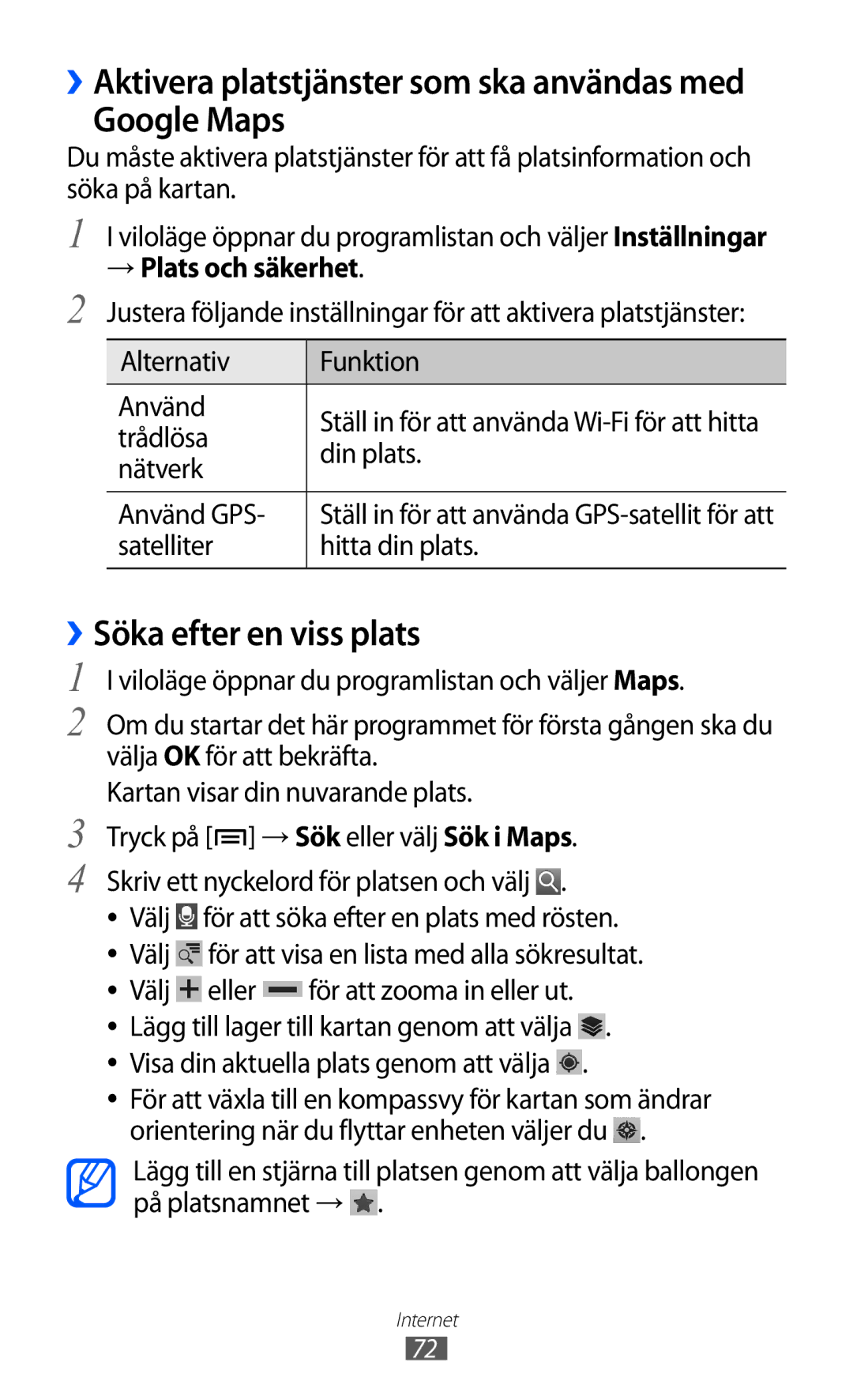 Samsung YP-GI1CW/NEE manual Google Maps, ››Söka efter en viss plats, → Plats och säkerhet 