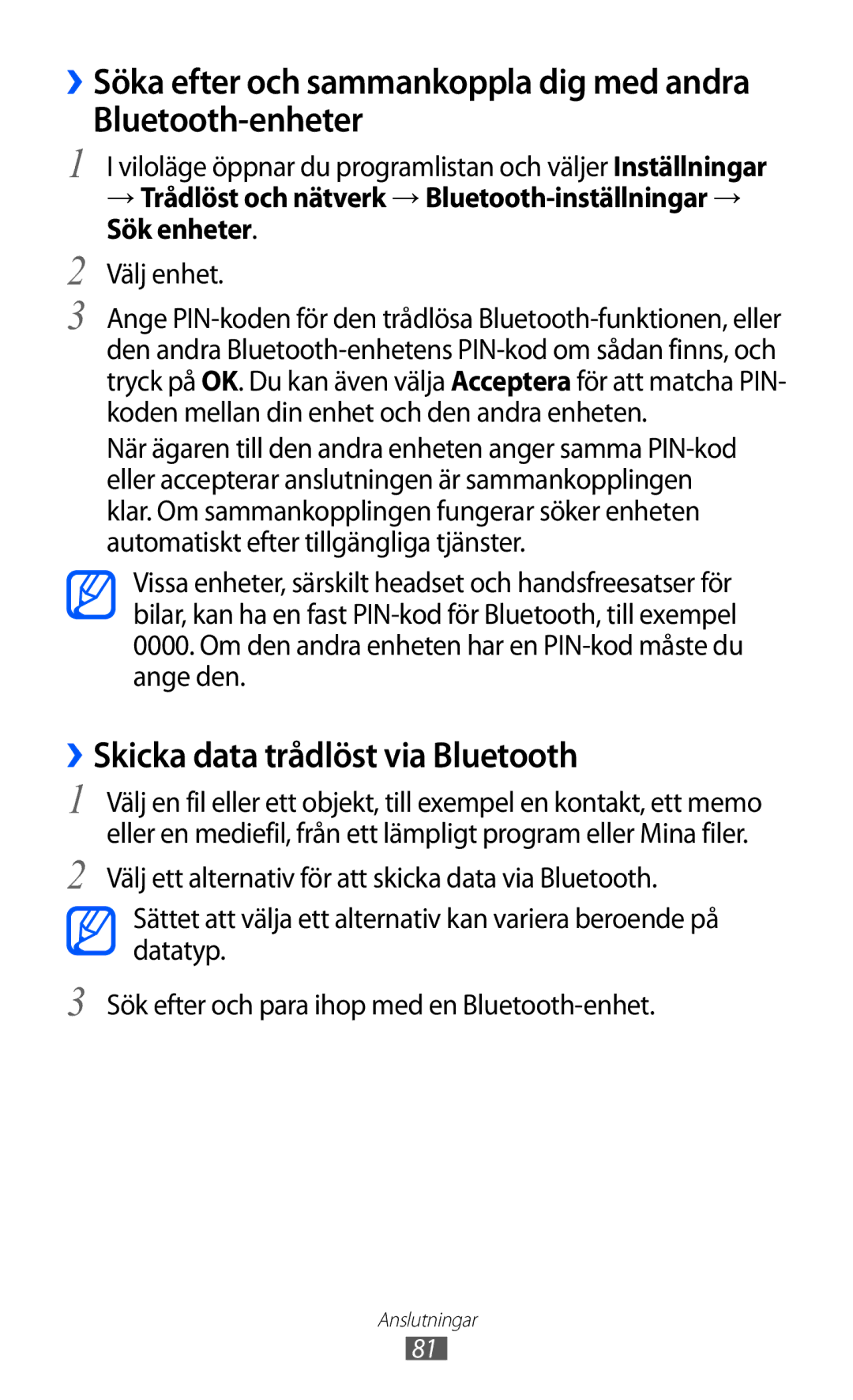 Samsung YP-GI1CW/NEE manual Bluetooth-enheter, ››Skicka data trådlöst via Bluetooth, Välj enhet 