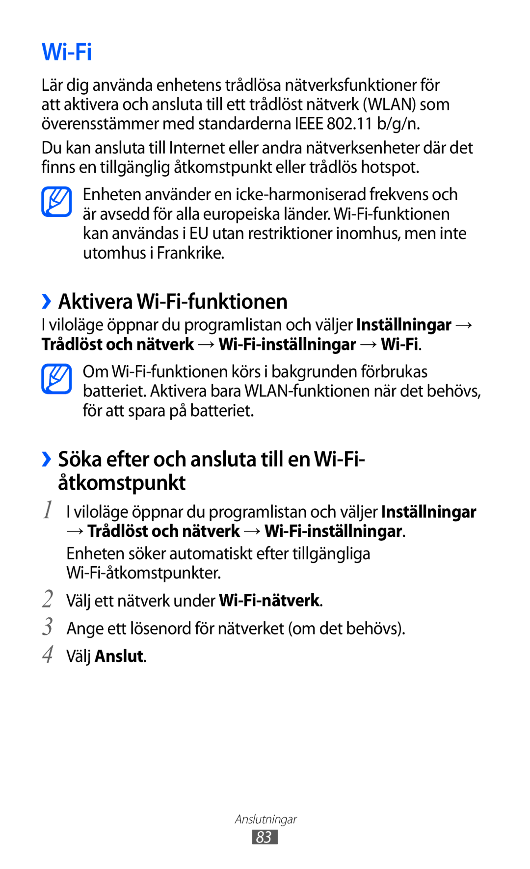 Samsung YP-GI1CW/NEE manual ››Aktivera Wi-Fi-funktionen, ››Söka efter och ansluta till en Wi-Fi- åtkomstpunkt 