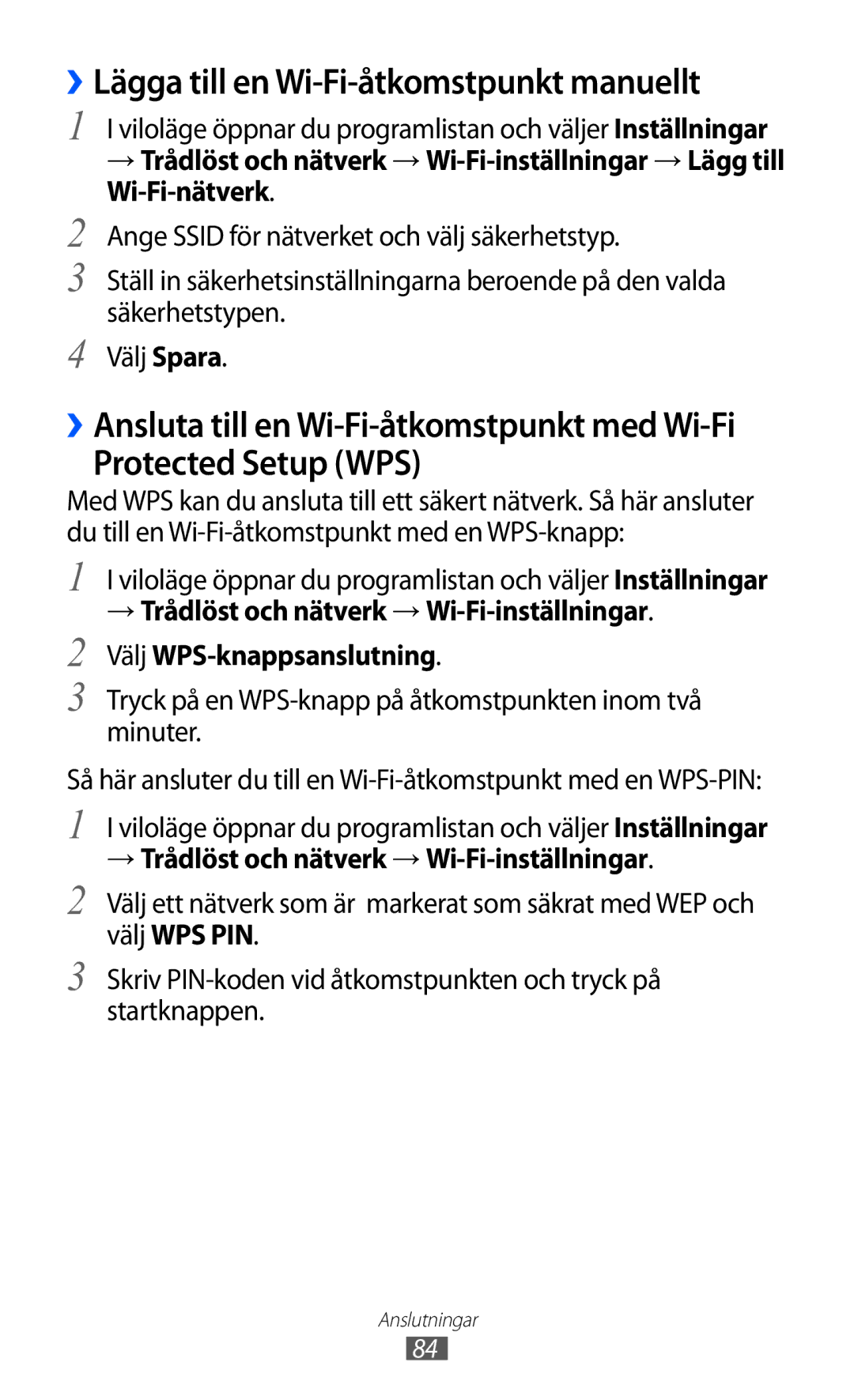 Samsung YP-GI1CW/NEE manual ››Lägga till en Wi-Fi-åtkomstpunkt manuellt, Protected Setup WPS 