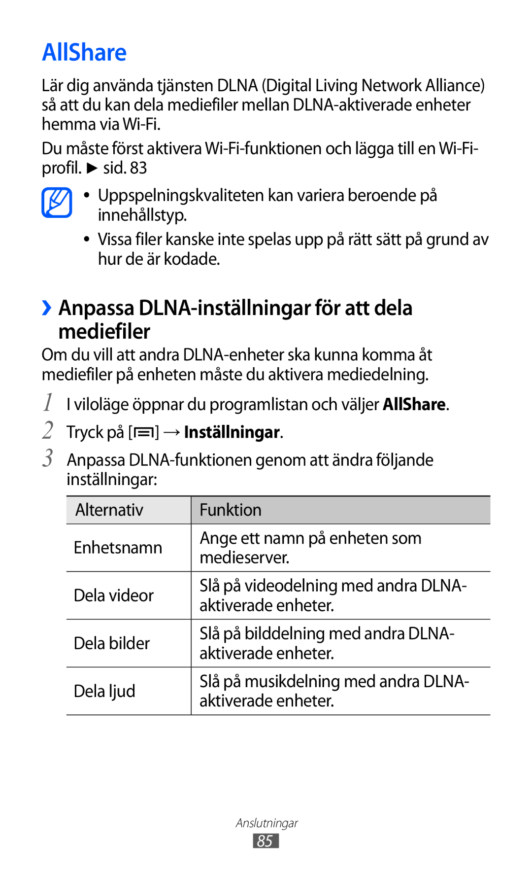 Samsung YP-GI1CW/NEE manual AllShare, ››Anpassa DLNA-inställningar för att dela mediefiler, Aktiverade enheter 