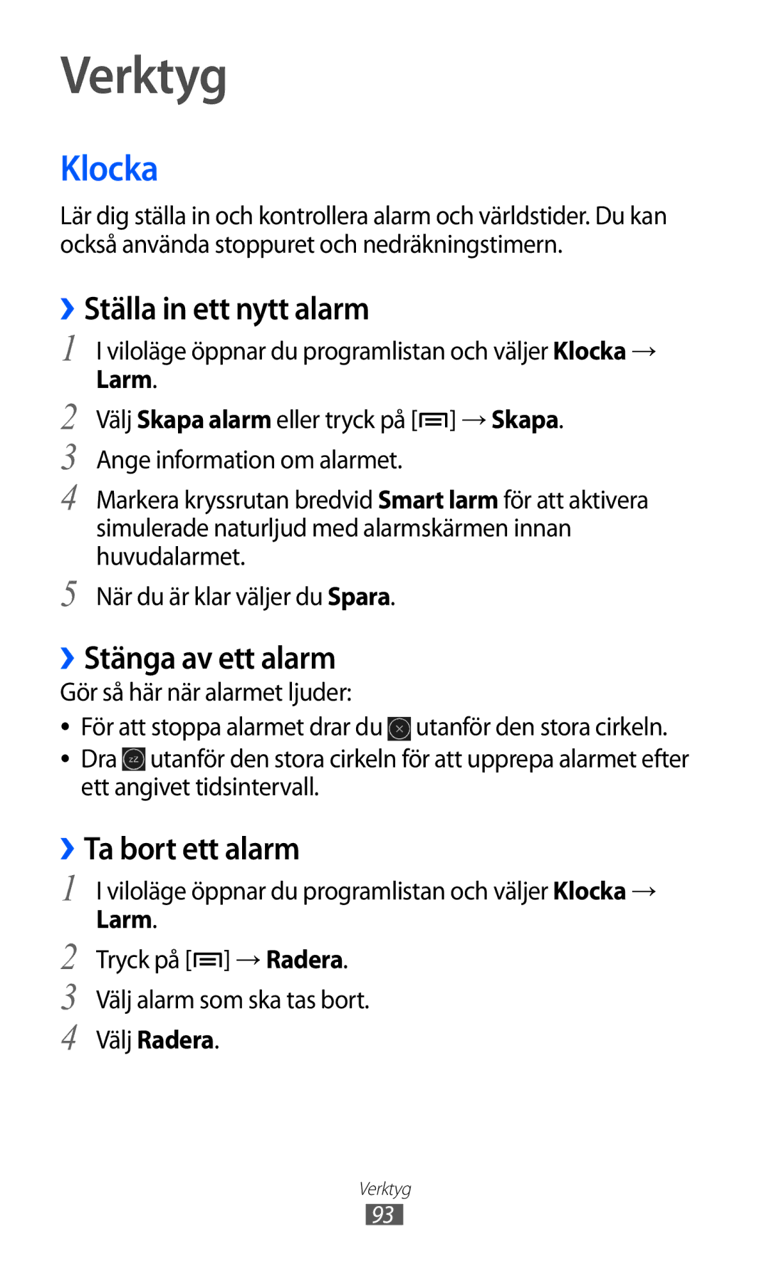 Samsung YP-GI1CW/NEE manual Verktyg, Klocka, ››Ställa in ett nytt alarm, ››Stänga av ett alarm, ››Ta bort ett alarm 