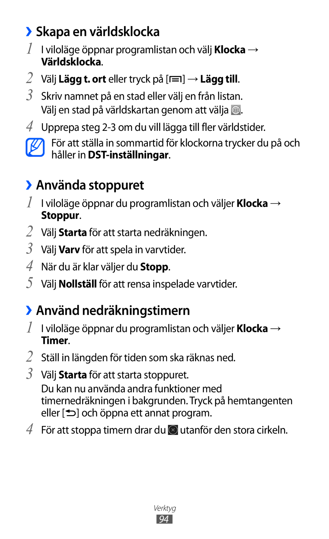 Samsung YP-GI1CW/NEE manual ››Skapa en världsklocka, ››Använda stoppuret, ››Använd nedräkningstimern, Världsklocka, Stoppur 