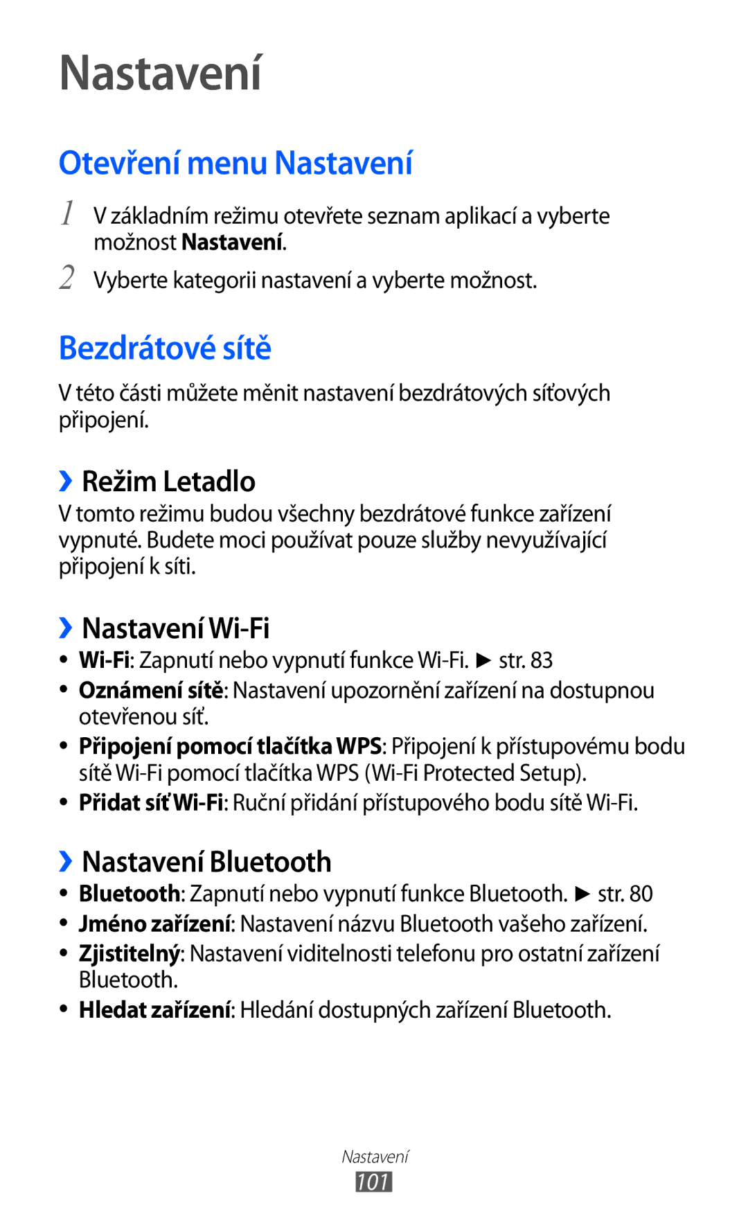 Samsung YP-G1CW/XEZ, YP-GI1CW/ROM, YP-GI1CW/XEZ manual Otevření menu Nastavení, Bezdrátové sítě 