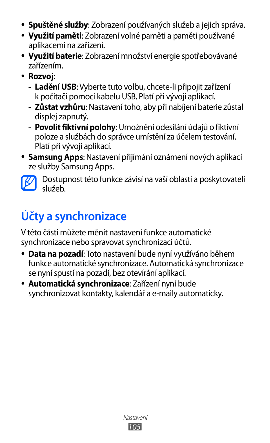 Samsung YP-GI1CW/ROM, YP-GI1CW/XEZ, YP-G1CW/XEZ manual Účty a synchronizace, Rozvoj, 105 