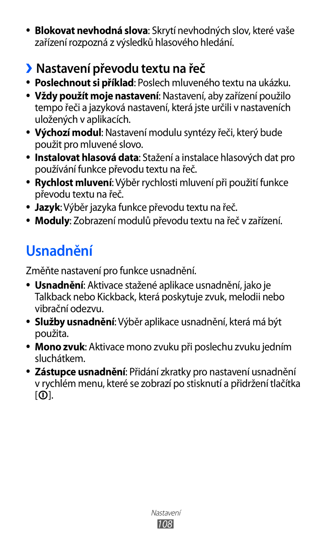 Samsung YP-GI1CW/ROM, YP-GI1CW/XEZ, YP-G1CW/XEZ manual Usnadnění, ››Nastavení převodu textu na řeč, 108 